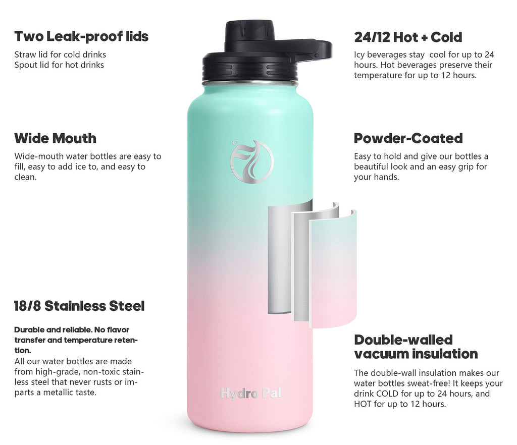 HydroPal Vacuum Insulated Water Bottle 1200ml/1000ml/750ml/500ml, 2 Lids (Straw & Spout), 12H Hot 24H Cold, BPA Free Stainless Steel Bottle, Leakproof Sports Water Bottle for Gym, Travel, Work