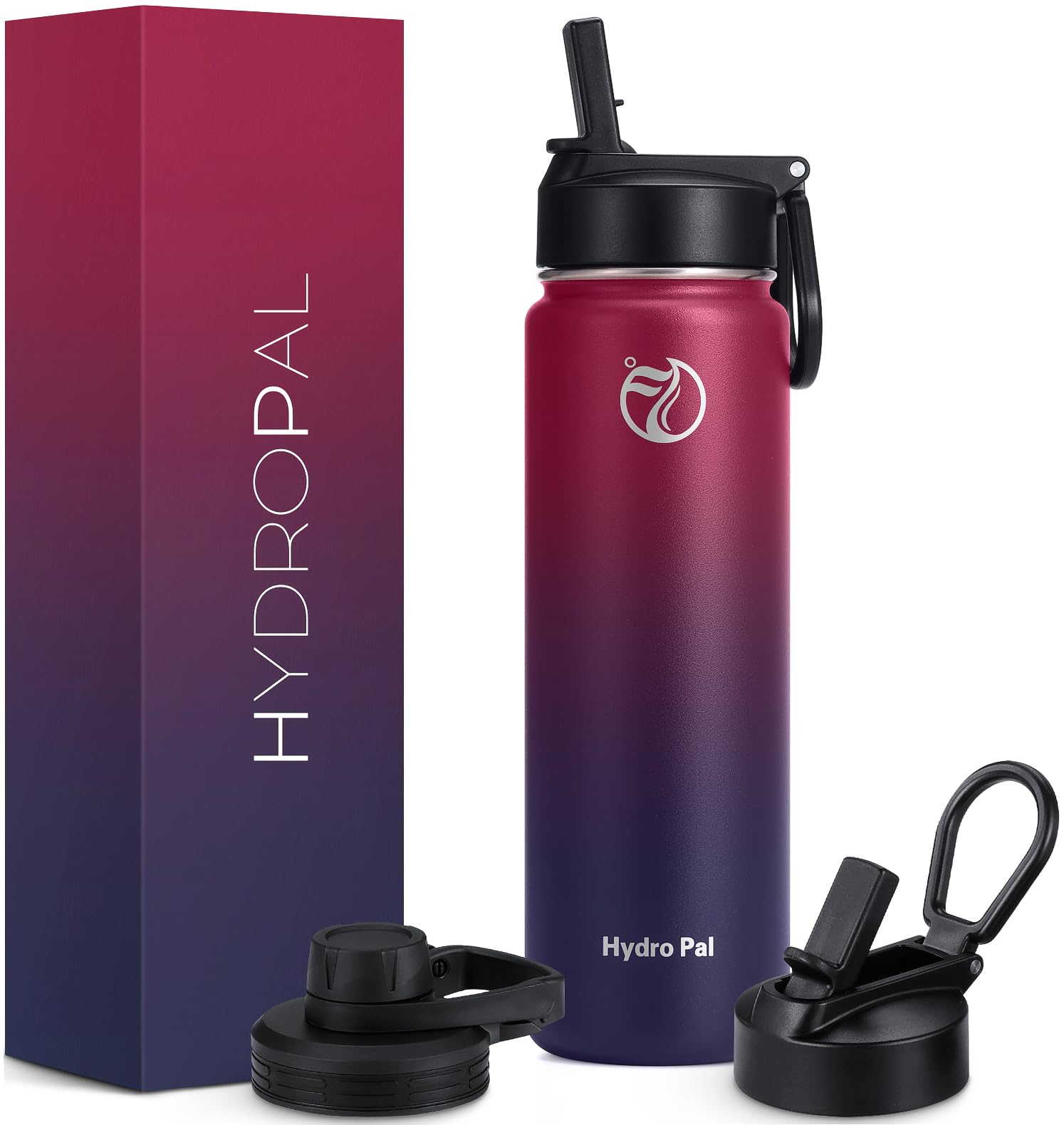 HydroPal Vacuum Insulated Water Bottle 1200ml/1000ml/750ml/500ml, 2 Lids (Straw & Spout), 12H Hot 24H Cold, BPA Free Stainless Steel Bottle, Leakproof Sports Water Bottle for Gym, Travel, Work