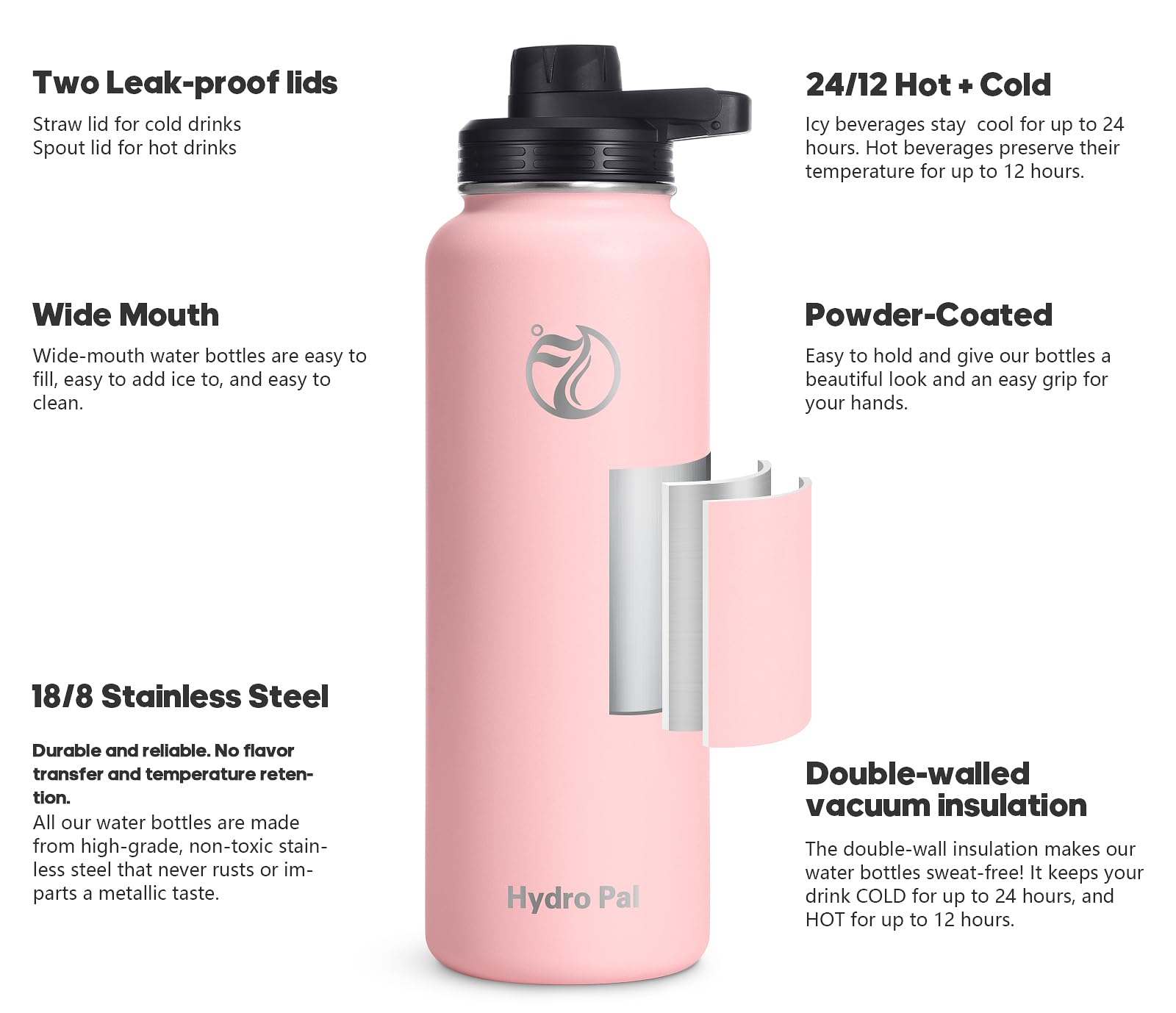 HydroPal Vacuum Insulated Water Bottle 1200ml/1000ml/750ml/500ml, 2 Lids (Straw & Spout), 12H Hot 24H Cold, BPA Free Stainless Steel Bottle, Leakproof Sports Water Bottle for Gym, Travel, Work