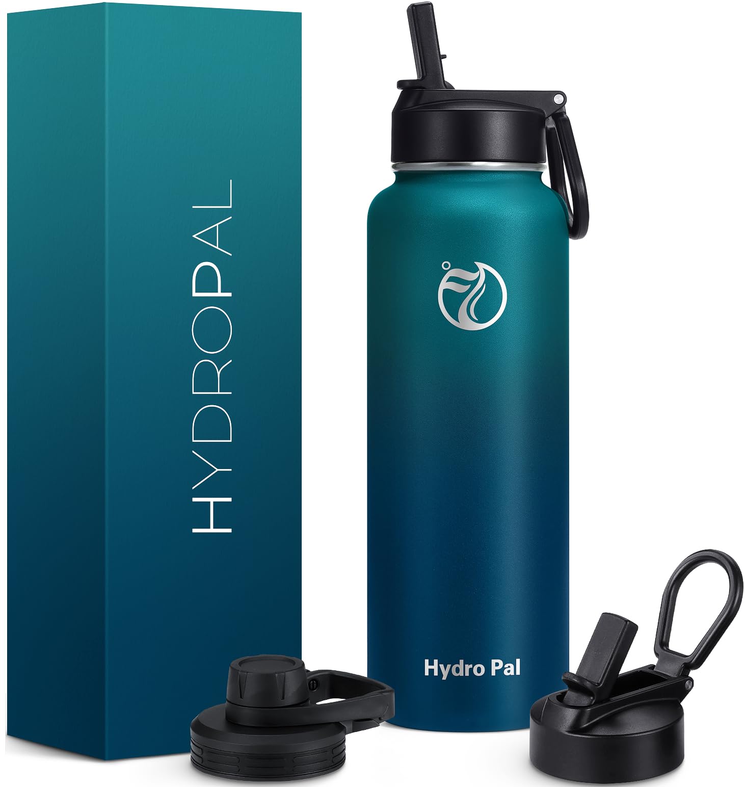HydroPal Vacuum Insulated Water Bottle 1200ml/1000ml/750ml/500ml, 2 Lids (Straw & Spout), 12H Hot 24H Cold, BPA Free Stainless Steel Bottle, Leakproof Sports Water Bottle for Gym, Travel, Work