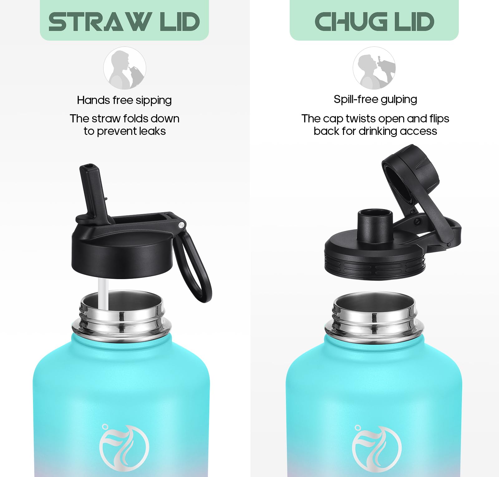 HydroPal Vacuum Insulated Water Bottle 1200ml/1000ml/750ml/500ml, 2 Lids (Straw & Spout), 12H Hot 24H Cold, BPA Free Stainless Steel Bottle, Leakproof Sports Water Bottle for Gym, Travel, Work