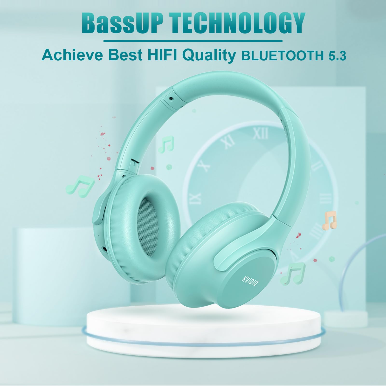 KVIDIO Bluetooth Headphones Over Ear, 55 Hours Playtime Wireless Headphones with Microphone, Foldable Lightweight Headset with Deep Bass,HiFi Stereo Sound for Travel Work PC Cellphone (Black)