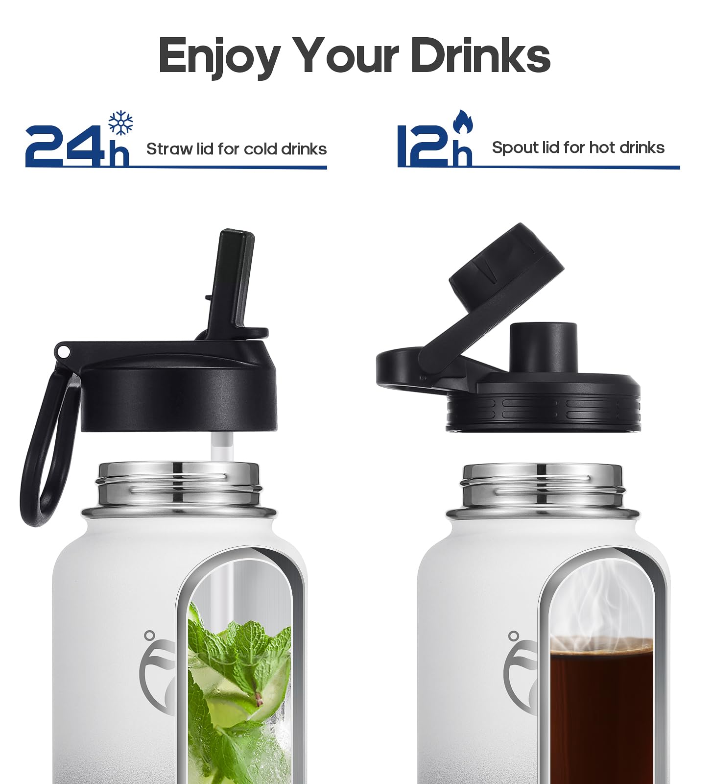 HydroPal Vacuum Insulated Water Bottle 1200ml/1000ml/750ml/500ml, 2 Lids (Straw & Spout), 12H Hot 24H Cold, BPA Free Stainless Steel Bottle, Leakproof Sports Water Bottle for Gym, Travel, Work