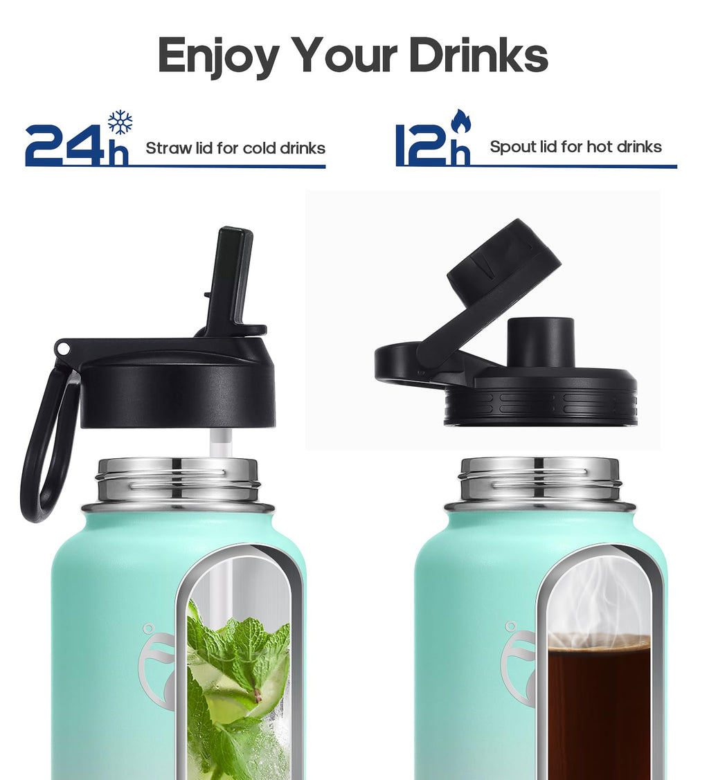 HydroPal Vacuum Insulated Water Bottle 1200ml/1000ml/750ml/500ml, 2 Lids (Straw & Spout), 12H Hot 24H Cold, BPA Free Stainless Steel Bottle, Leakproof Sports Water Bottle for Gym, Travel, Work