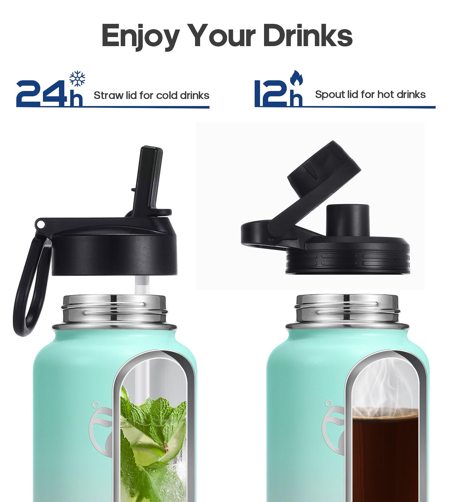 HydroPal Vacuum Insulated Water Bottle 1200ml/1000ml/750ml/500ml, 2 Lids (Straw & Spout), 12H Hot 24H Cold, BPA Free Stainless Steel Bottle, Leakproof Sports Water Bottle for Gym, Travel, Work