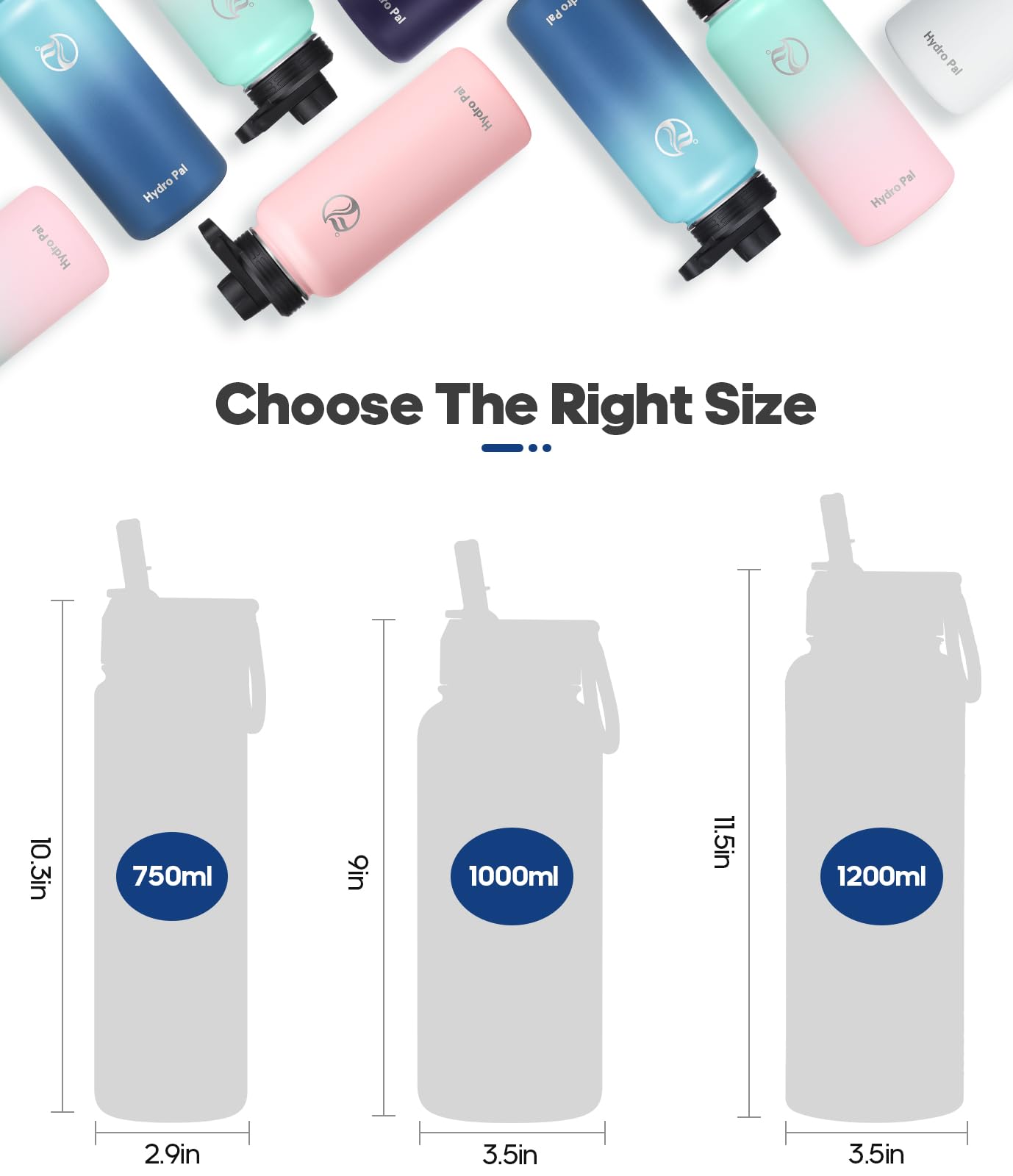 HydroPal Vacuum Insulated Water Bottle 1200ml/1000ml/750ml/500ml, 2 Lids (Straw & Spout), 12H Hot 24H Cold, BPA Free Stainless Steel Bottle, Leakproof Sports Water Bottle for Gym, Travel, Work