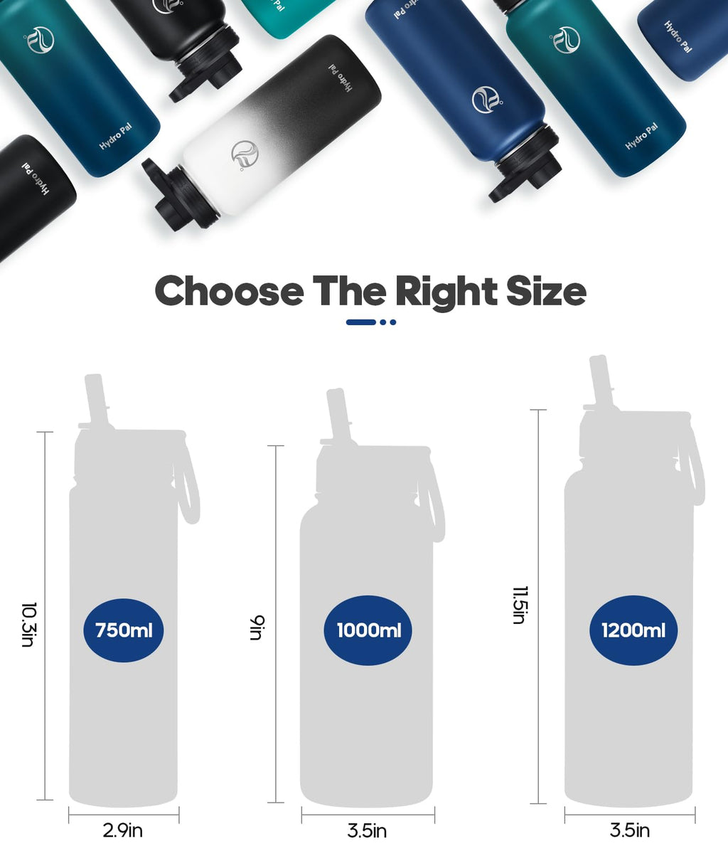 HydroPal Vacuum Insulated Water Bottle 1200ml/1000ml/750ml/500ml, 2 Lids (Straw & Spout), 12H Hot 24H Cold, BPA Free Stainless Steel Bottle, Leakproof Sports Water Bottle for Gym, Travel, Work