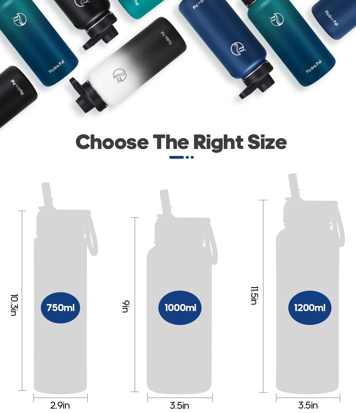 HydroPal Vacuum Insulated Water Bottle 1200ml/1000ml/750ml/500ml, 2 Lids (Straw & Spout), 12H Hot 24H Cold, BPA Free Stainless Steel Bottle, Leakproof Sports Water Bottle for Gym, Travel, Work