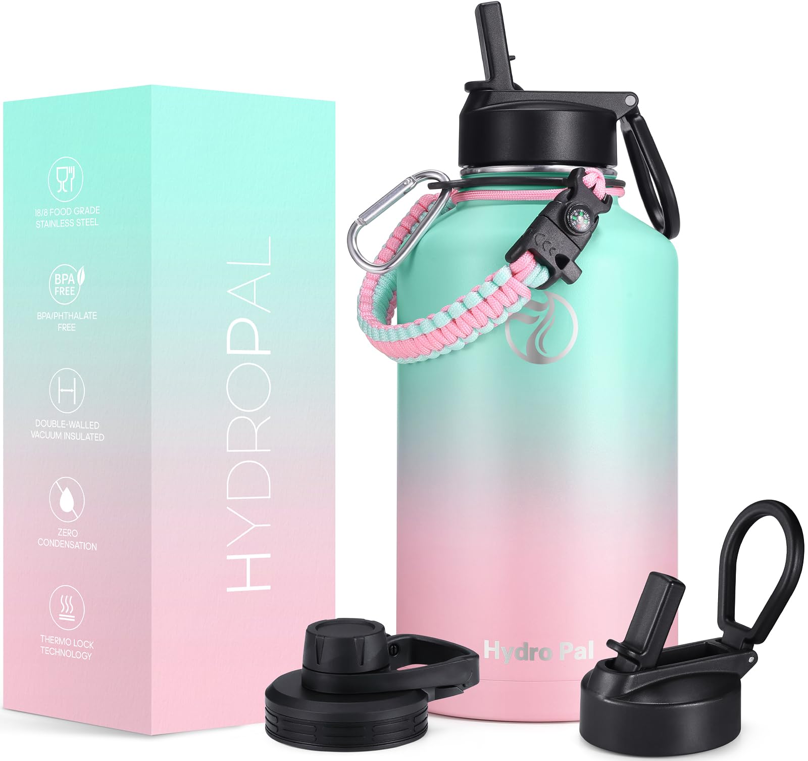 HydroPal Vacuum Insulated Water Bottle 1200ml/1000ml/750ml/500ml, 2 Lids (Straw & Spout), 12H Hot 24H Cold, BPA Free Stainless Steel Bottle, Leakproof Sports Water Bottle for Gym, Travel, Work