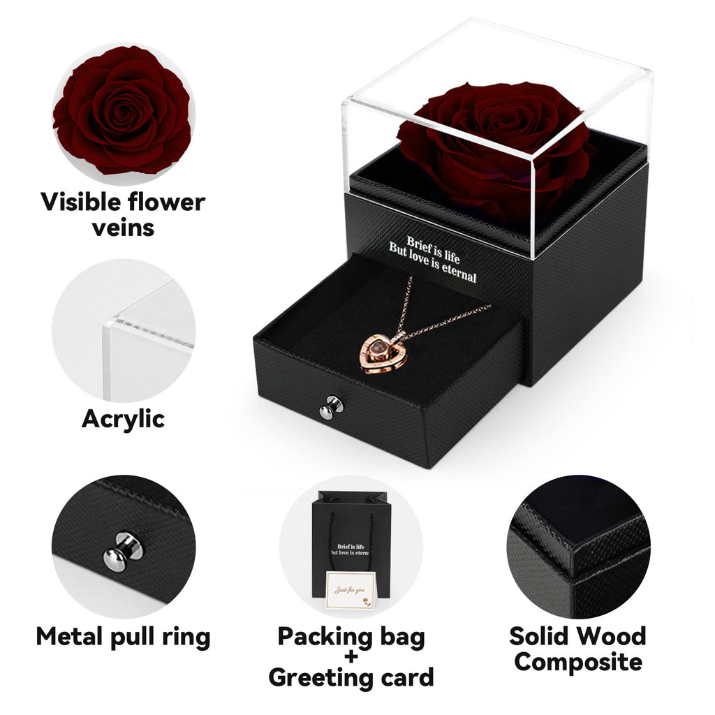 Preserved Real Rose Gift Box with I Love You Necklace, Handmade Eternal Rose Flower Gifts for Mum Mother Women Wife Girlfriend Her on Mothers Day, Birthday, Anniversary, Valentines Day, Christmas