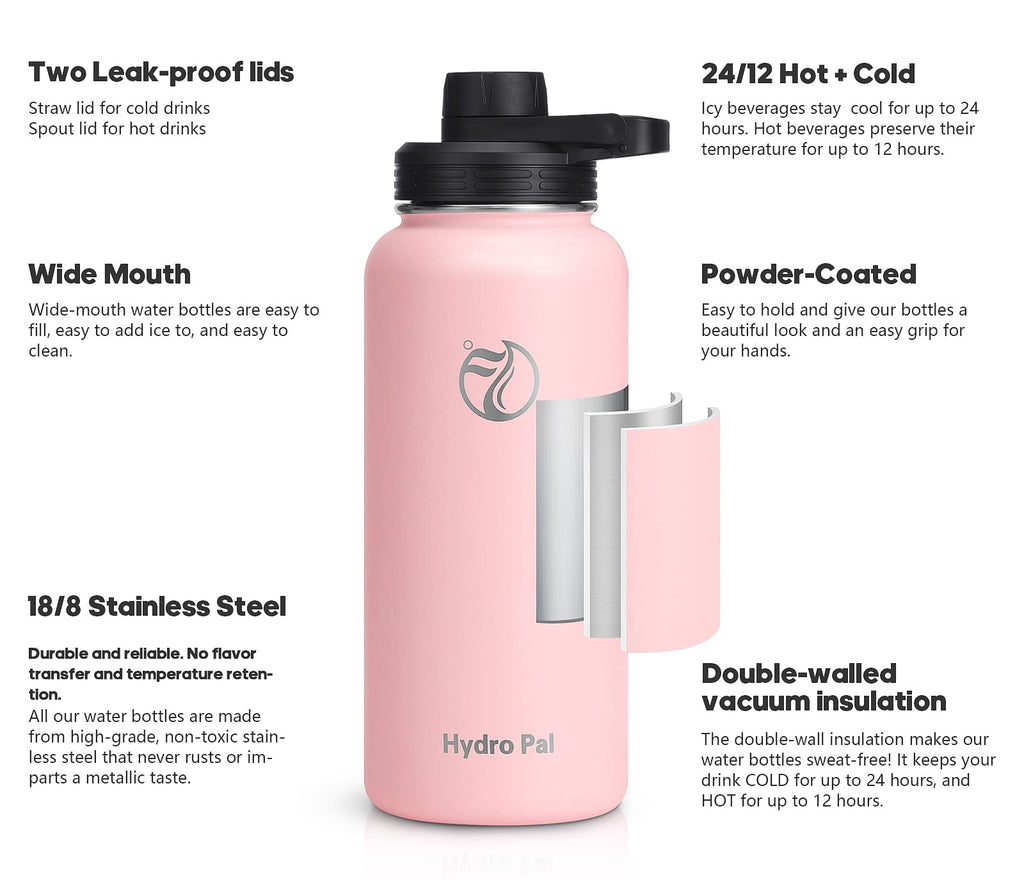 HydroPal Vacuum Insulated Water Bottle 1200ml/1000ml/750ml/500ml, 2 Lids (Straw & Spout), 12H Hot 24H Cold, BPA Free Stainless Steel Bottle, Leakproof Sports Water Bottle for Gym, Travel, Work
