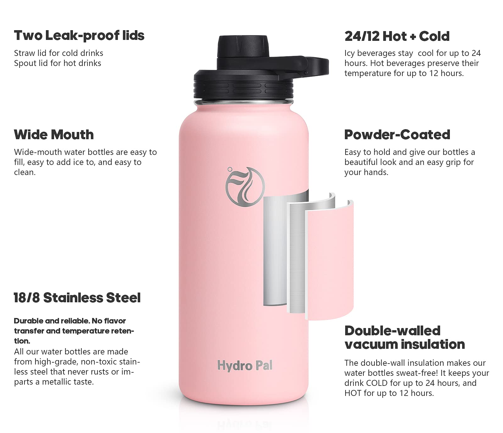 HydroPal Vacuum Insulated Water Bottle 1200ml/1000ml/750ml/500ml, 2 Lids (Straw & Spout), 12H Hot 24H Cold, BPA Free Stainless Steel Bottle, Leakproof Sports Water Bottle for Gym, Travel, Work