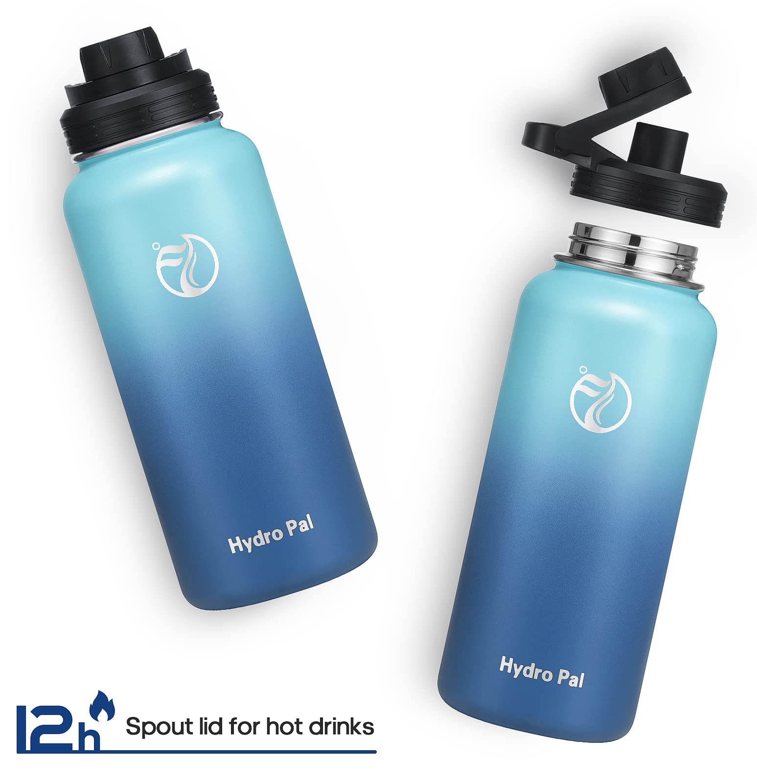 HydroPal Vacuum Insulated Water Bottle 1200ml/1000ml/750ml/500ml, 2 Lids (Straw & Spout), 12H Hot 24H Cold, BPA Free Stainless Steel Bottle, Leakproof Sports Water Bottle for Gym, Travel, Work