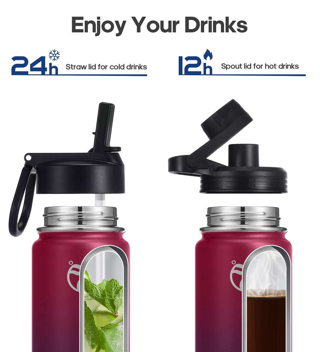 HydroPal Vacuum Insulated Water Bottle 1200ml/1000ml/750ml/500ml, 2 Lids (Straw & Spout), 12H Hot 24H Cold, BPA Free Stainless Steel Bottle, Leakproof Sports Water Bottle for Gym, Travel, Work