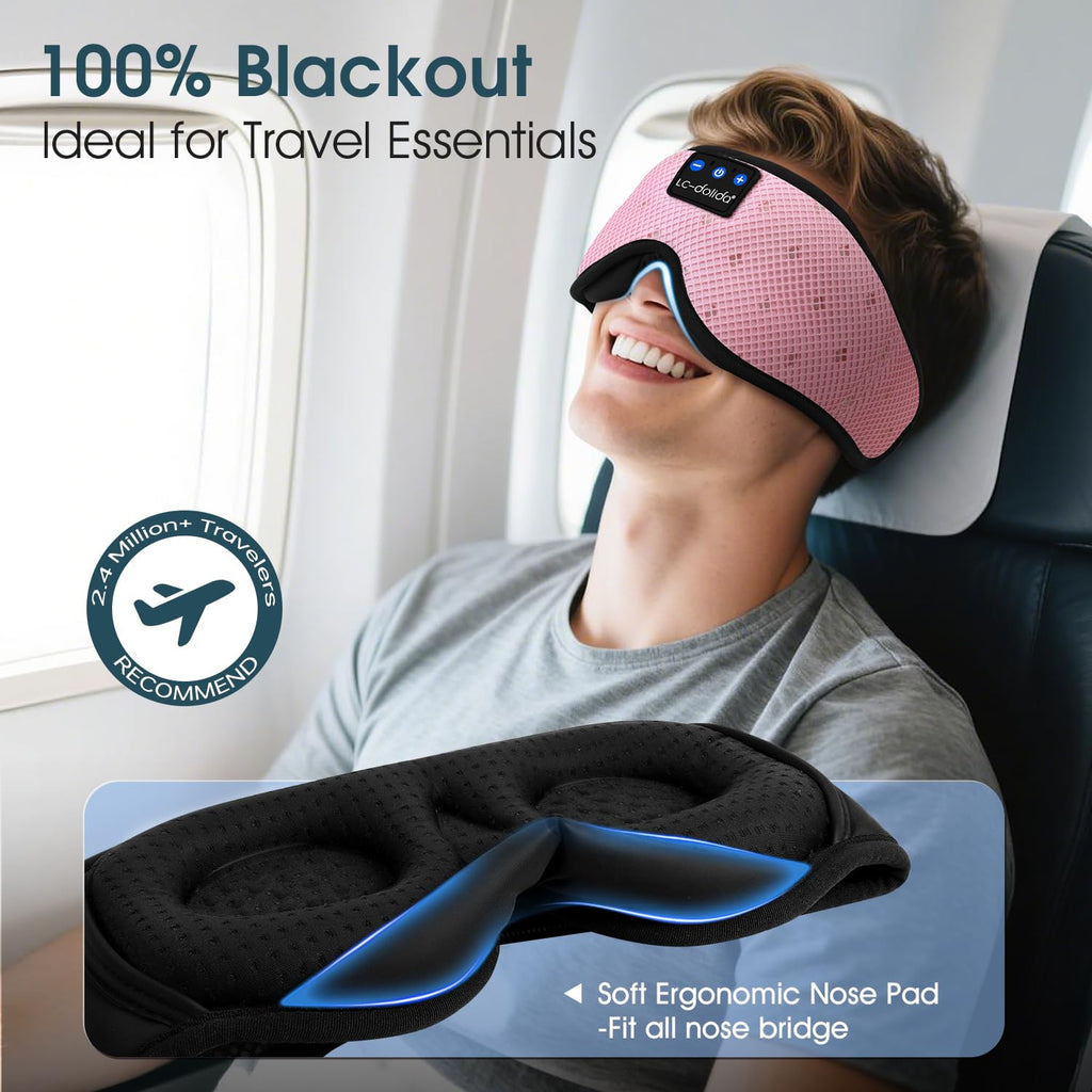 LC-dolida Bluetooth Sleep Mask Headphones Complete Blackout 3D Deep Eye Mask with Headphones Bluetooth V5.4 Can Play 15Hrs Breathable Eye mask with Earphones for Travel,Nap Sleeping,Shift Work