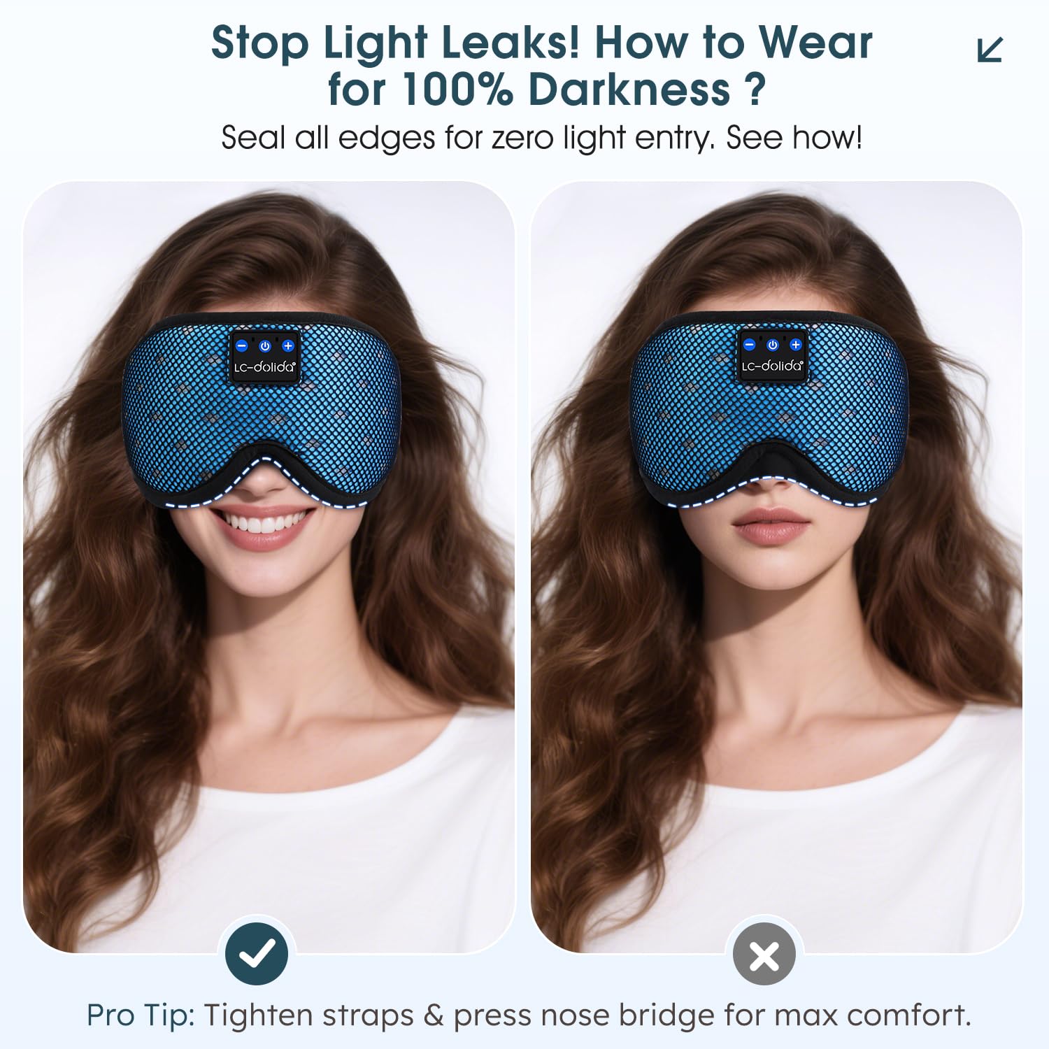 LC-dolida Bluetooth Sleep Mask Headphones Complete Blackout 3D Deep Eye Mask with Headphones Bluetooth V5.4 Can Play 15Hrs Breathable Eye mask with Earphones for Travel,Nap Sleeping,Shift Work