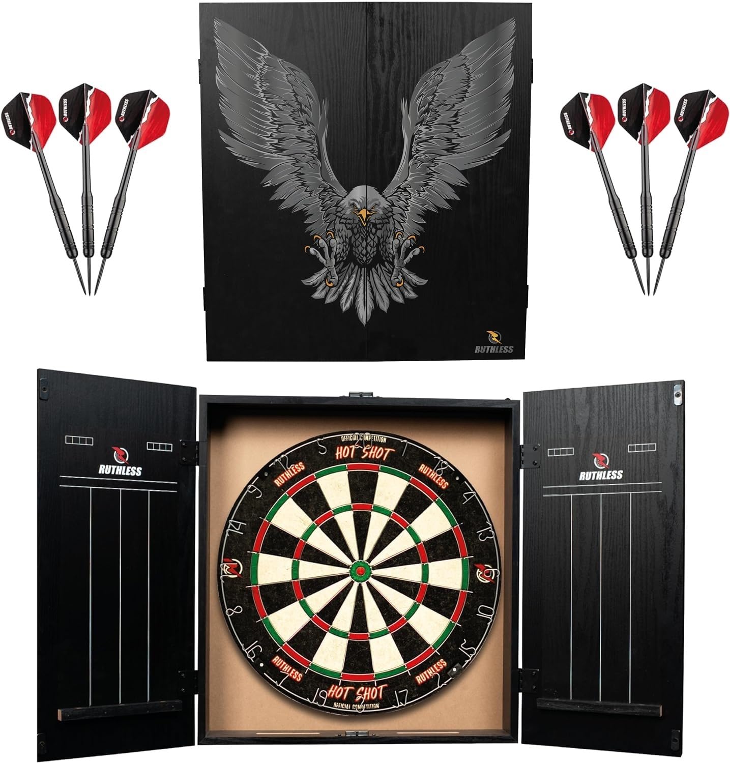 Ruthless Home Darts Centre With or Without LED Light Options | Home Dart Board Centre Including Cabinet, Dartboard and 2 Sets of Darts (USB)