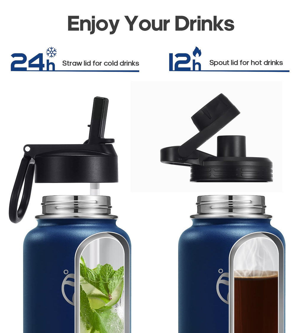 HydroPal Vacuum Insulated Water Bottle 1200ml/1000ml/750ml/500ml, 2 Lids (Straw & Spout), 12H Hot 24H Cold, BPA Free Stainless Steel Bottle, Leakproof Sports Water Bottle for Gym, Travel, Work