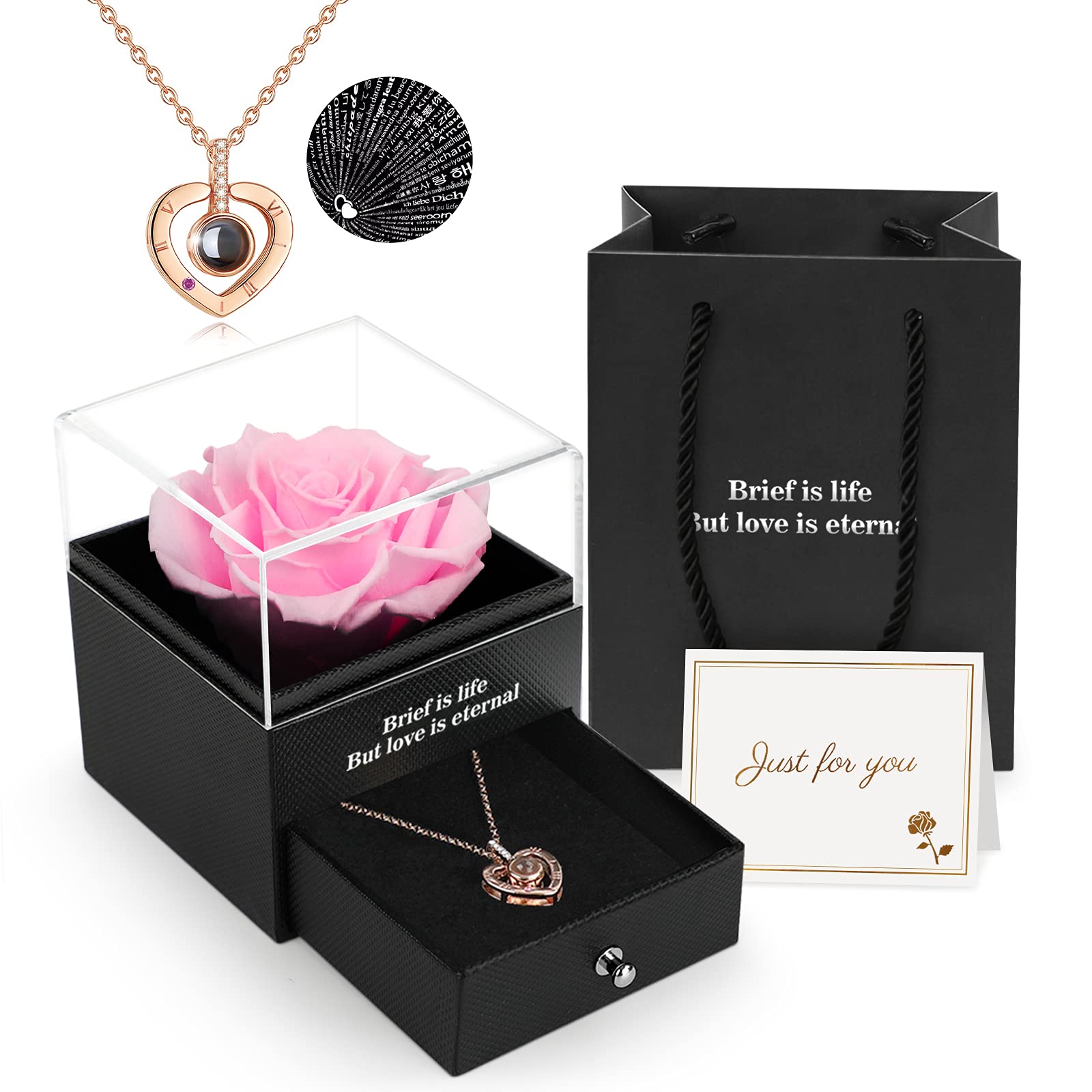 Preserved Real Rose Gift Box with I Love You Necklace, Handmade Eternal Rose Flower Gifts for Mum Mother Women Wife Girlfriend Her on Mothers Day, Birthday, Anniversary, Valentines Day, Christmas