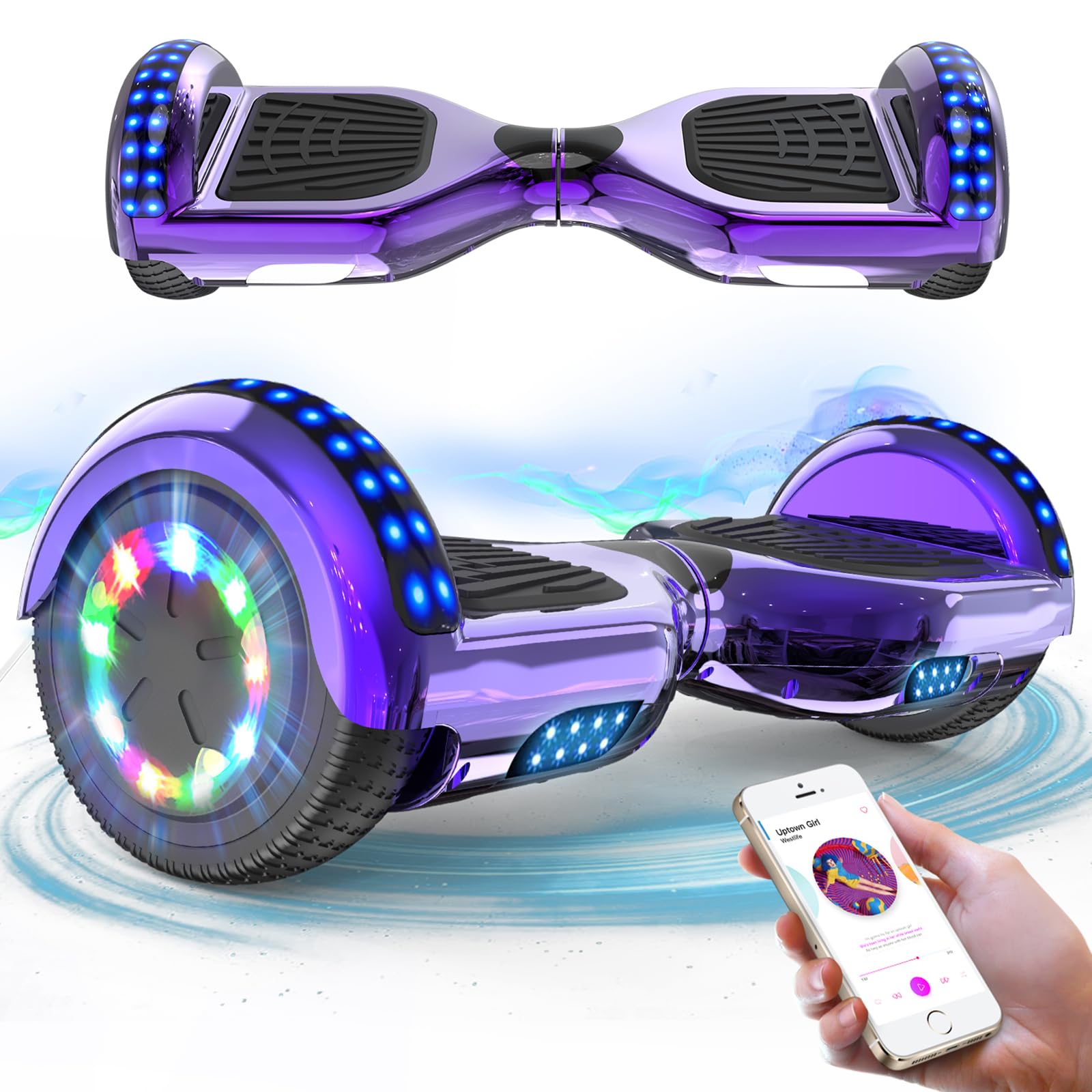 RCB Hoverboards for Kids and Adults 6.5 inch, Hoverboards with Bluetooth - Speaker - Colorful LED Lights, Hover Board Gift for Kids and Teenager