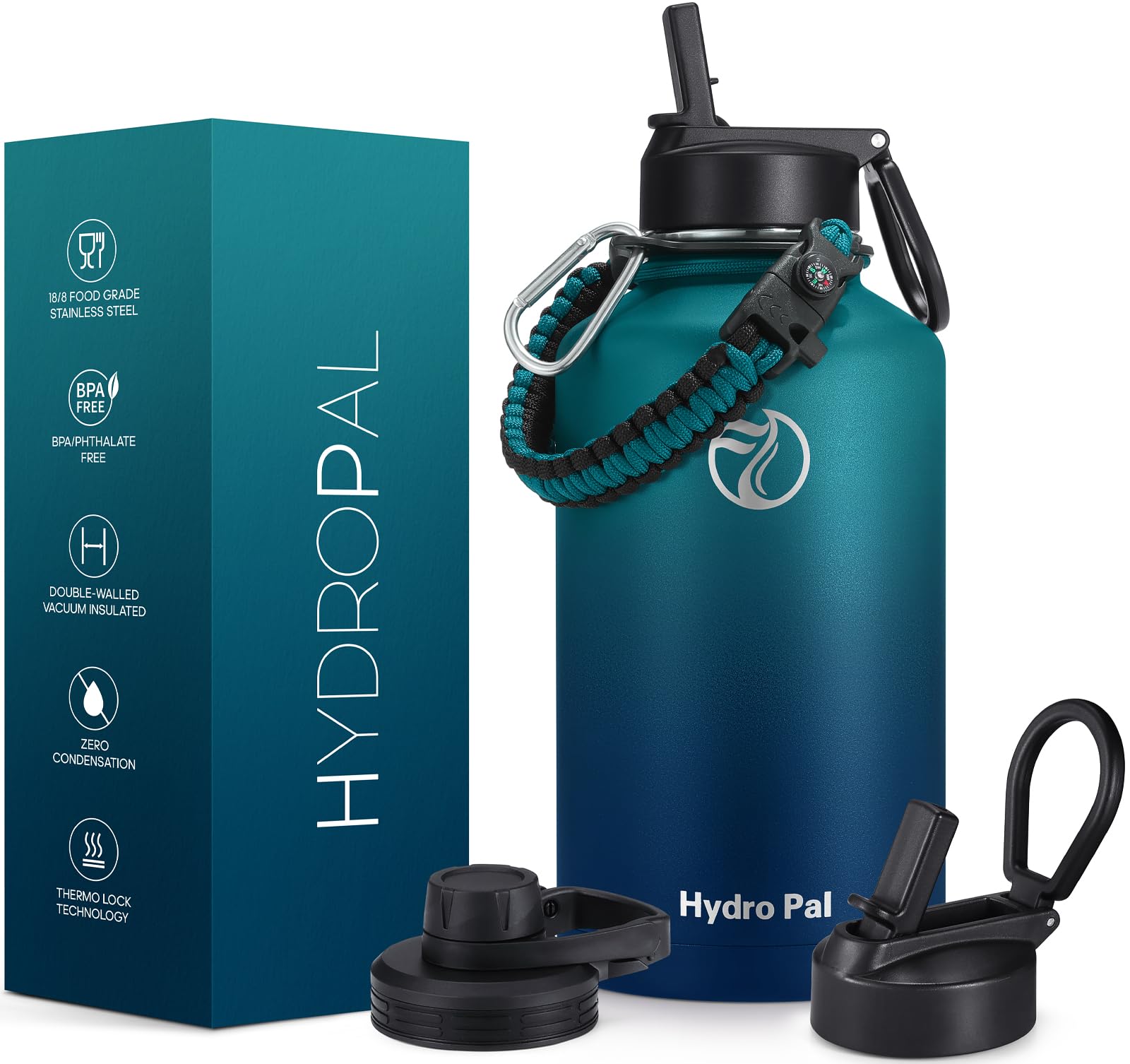 HydroPal Vacuum Insulated Water Bottle 1200ml/1000ml/750ml/500ml, 2 Lids (Straw & Spout), 12H Hot 24H Cold, BPA Free Stainless Steel Bottle, Leakproof Sports Water Bottle for Gym, Travel, Work