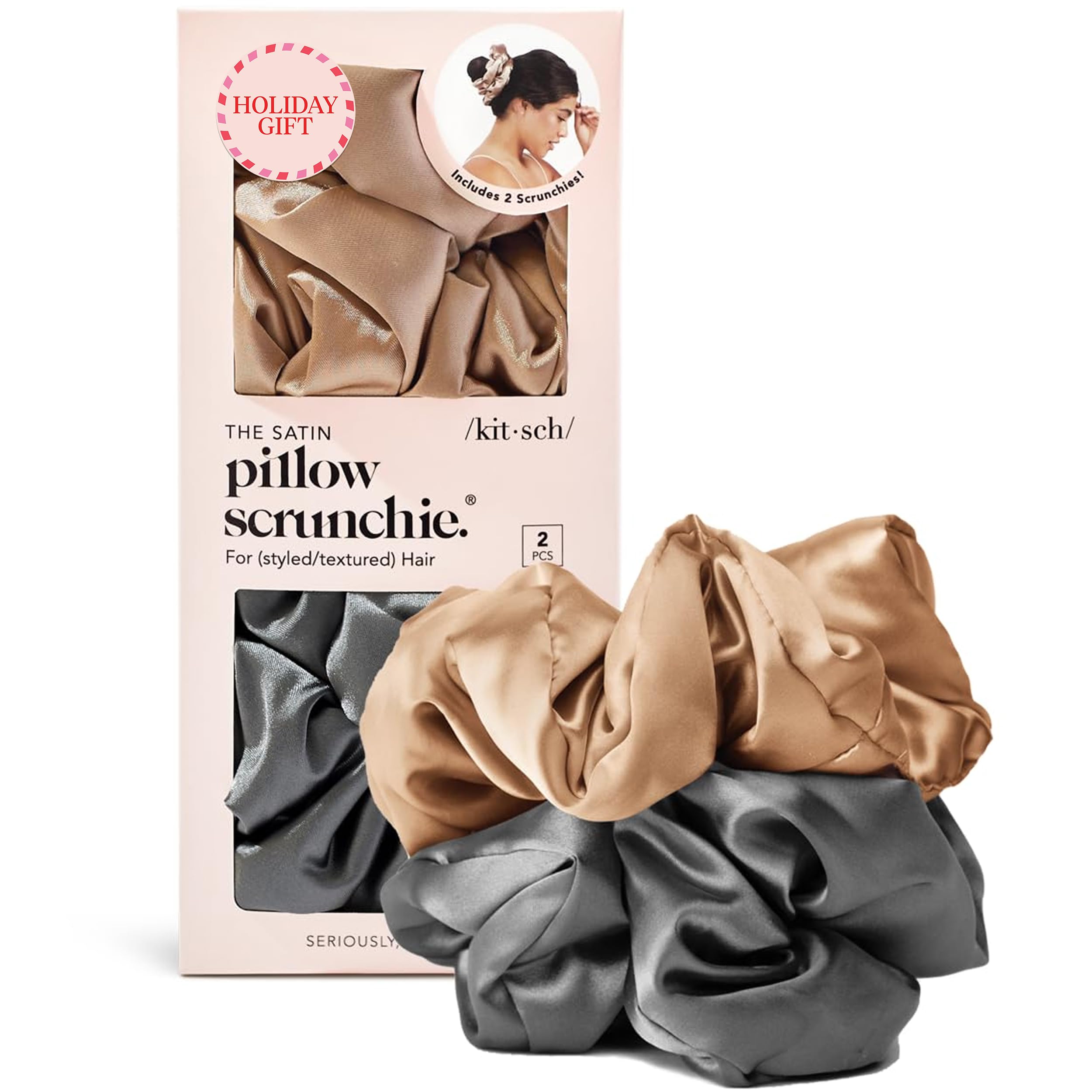 Kitsch Satin Scrunchies for Women - No Crease Hair Ties for Girls | Scrunchies For All Hair Types and Textures, Perfect for Day or Night - 2 Pcs, Charcoal and Gold