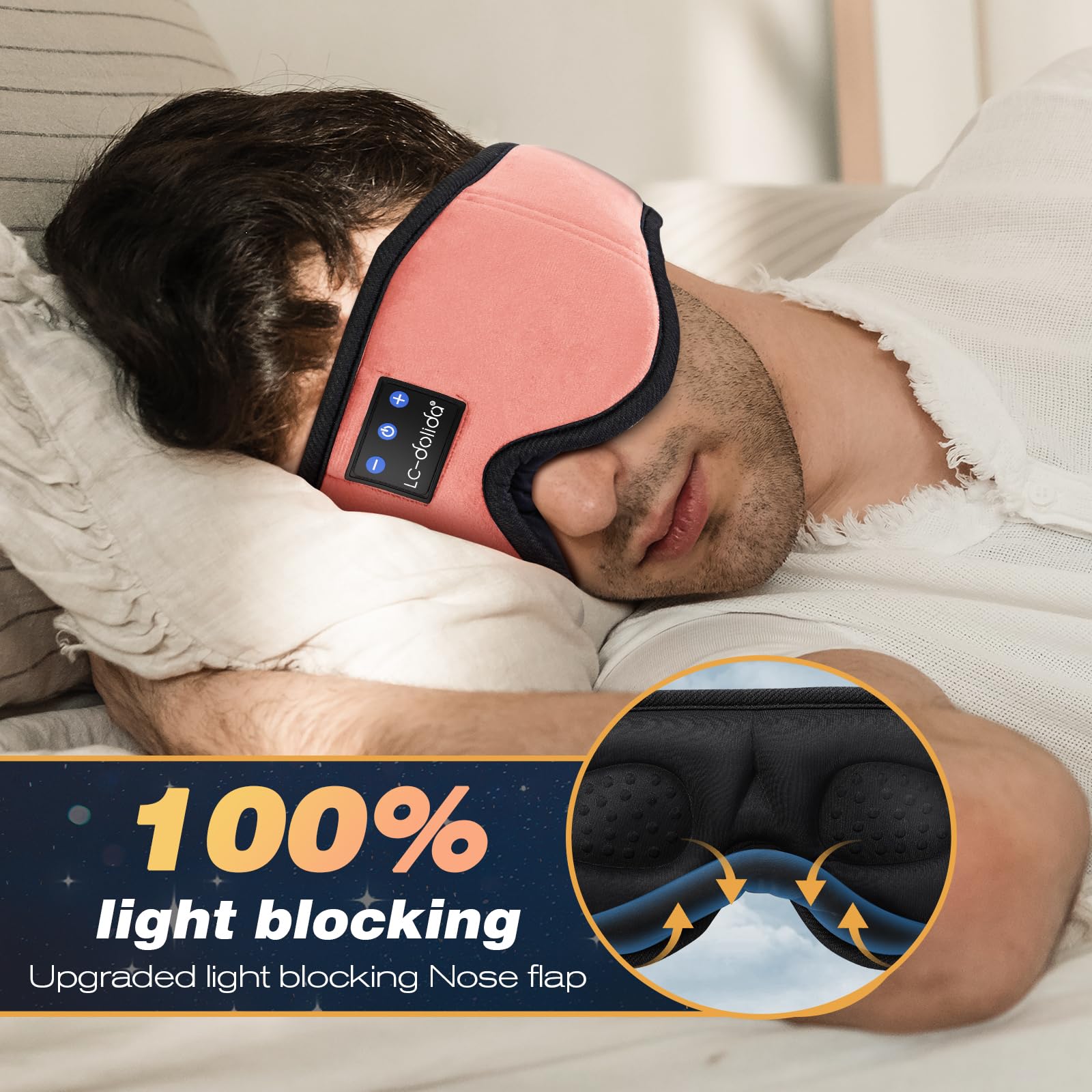 LC-dolida Bluetooth Sleep Mask Headphones Complete Blackout 3D Deep Eye Mask with Headphones Bluetooth V5.4 Can Play 15Hrs Breathable Eye mask with Earphones for Travel,Nap Sleeping,Shift Work
