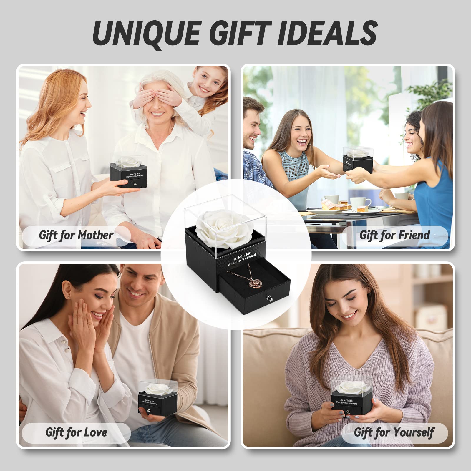 Preserved Real Rose Gift Box with I Love You Necklace, Handmade Eternal Rose Flower Gifts for Mum Mother Women Wife Girlfriend Her on Mothers Day, Birthday, Anniversary, Valentines Day, Christmas