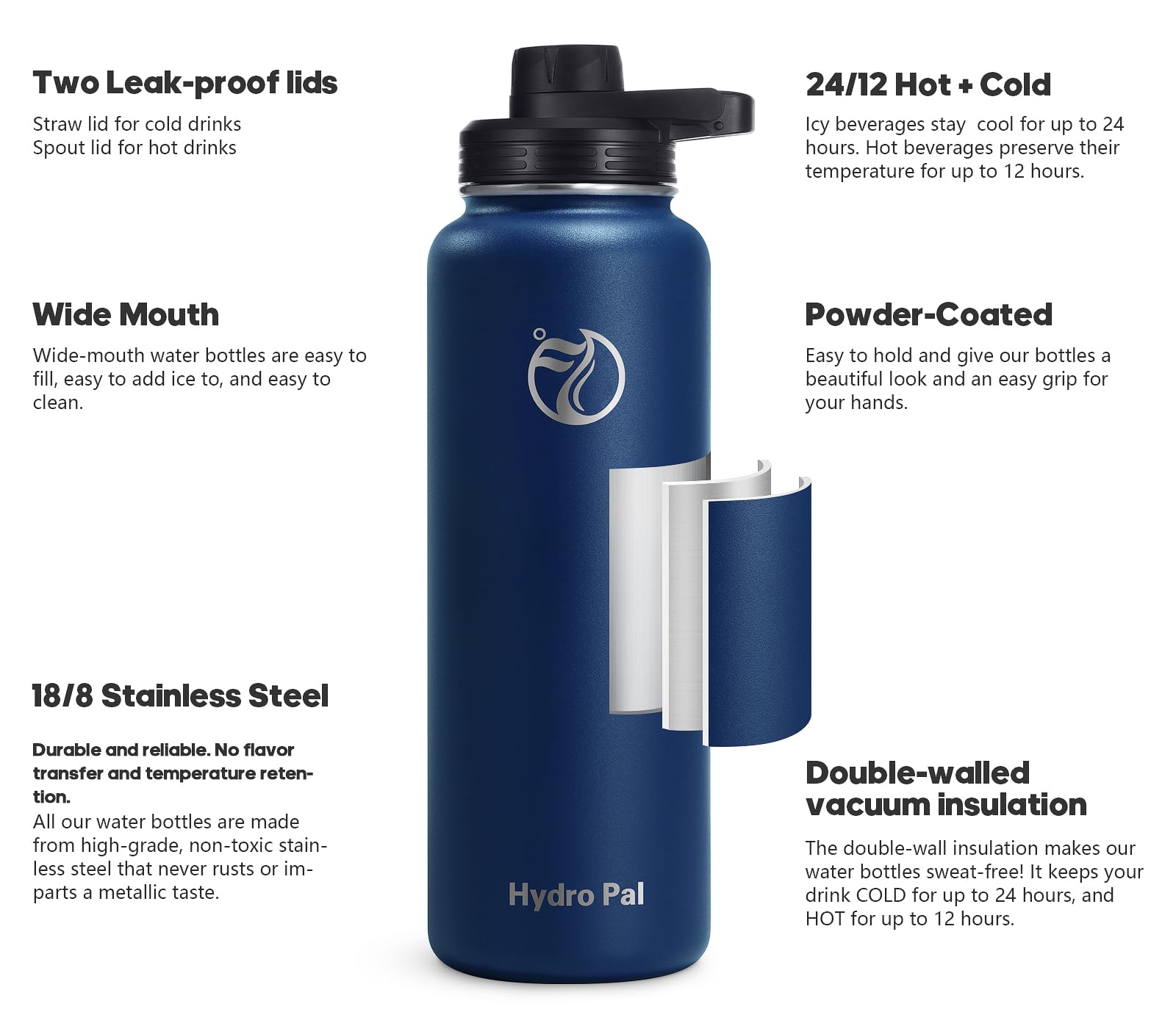 HydroPal Vacuum Insulated Water Bottle 1200ml/1000ml/750ml/500ml, 2 Lids (Straw & Spout), 12H Hot 24H Cold, BPA Free Stainless Steel Bottle, Leakproof Sports Water Bottle for Gym, Travel, Work