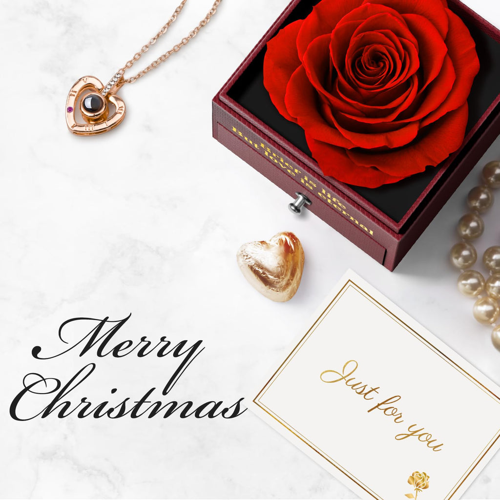 Preserved Real Rose Gift Box with I Love You Necklace, Handmade Eternal Rose Flower Gifts for Mum Mother Women Wife Girlfriend Her on Mothers Day, Birthday, Anniversary, Valentines Day, Christmas