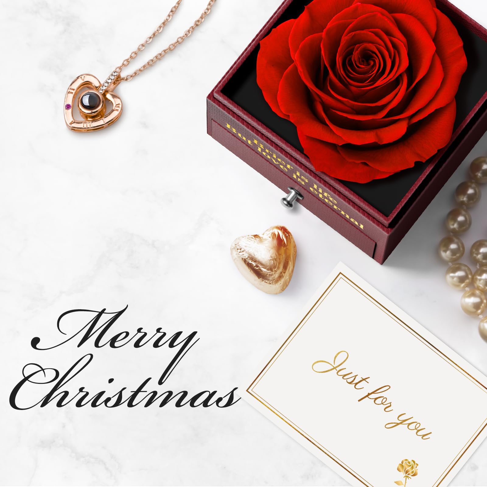 Preserved Real Rose Gift Box with I Love You Necklace, Handmade Eternal Rose Flower Gifts for Mum Mother Women Wife Girlfriend Her on Mothers Day, Birthday, Anniversary, Valentines Day, Christmas