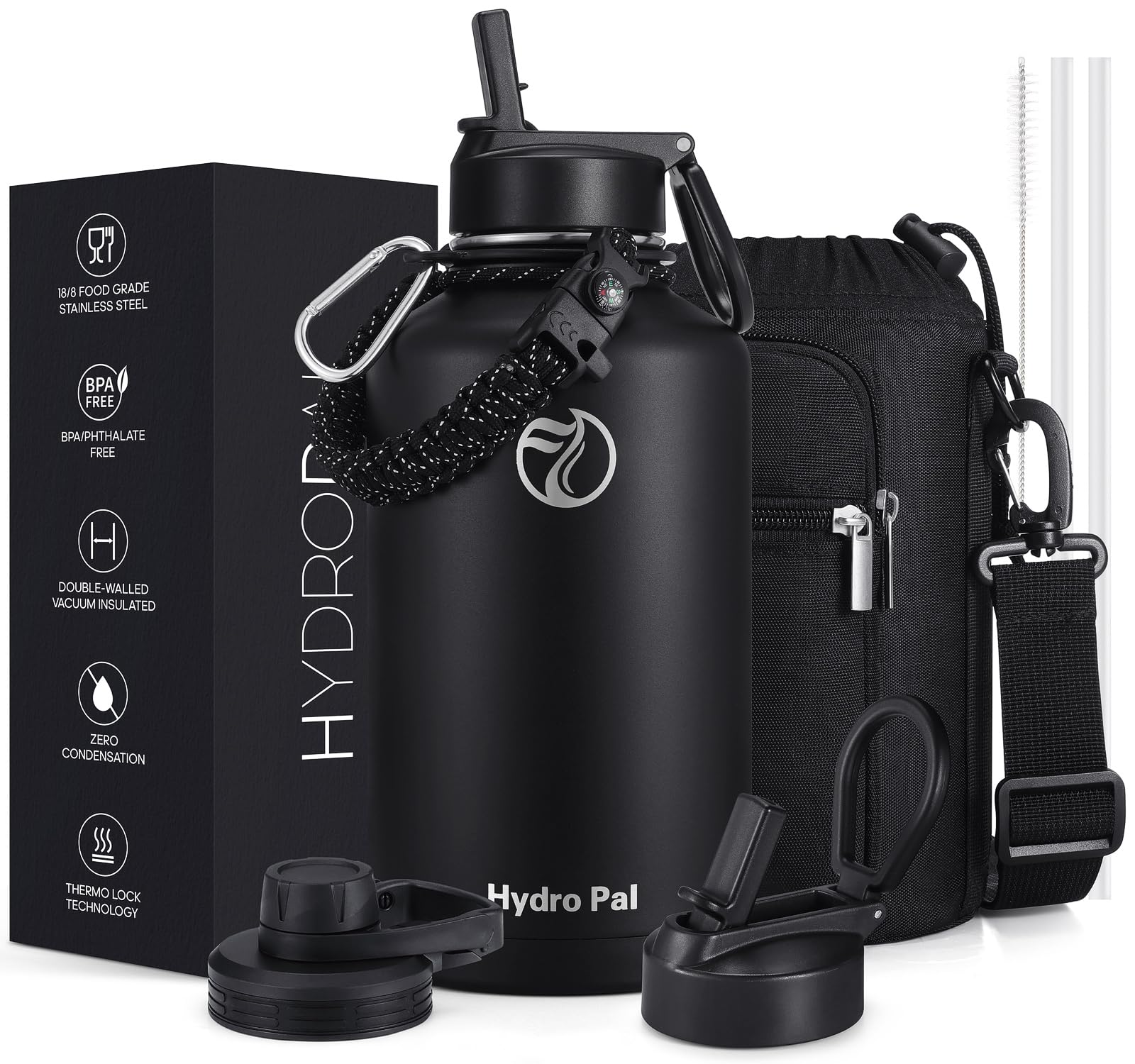 HydroPal Vacuum Insulated Water Bottle 1200ml/1000ml/750ml/500ml, 2 Lids (Straw & Spout), 12H Hot 24H Cold, BPA Free Stainless Steel Bottle, Leakproof Sports Water Bottle for Gym, Travel, Work