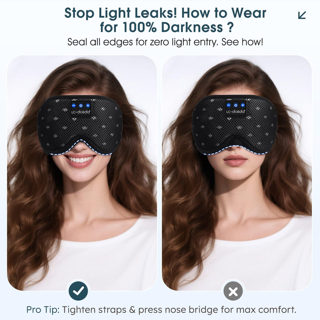 LC-dolida Bluetooth Sleep Mask Headphones Complete Blackout 3D Deep Eye Mask with Headphones Bluetooth V5.4 Can Play 15Hrs Breathable Eye mask with Earphones for Travel,Nap Sleeping,Shift Work