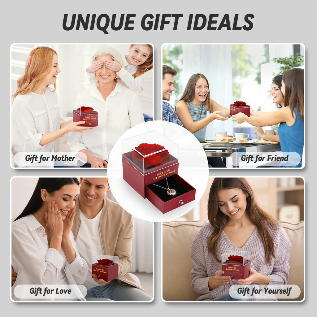 Preserved Real Rose Gift Box with I Love You Necklace, Handmade Eternal Rose Flower Gifts for Mum Mother Women Wife Girlfriend Her on Mothers Day, Birthday, Anniversary, Valentines Day, Christmas