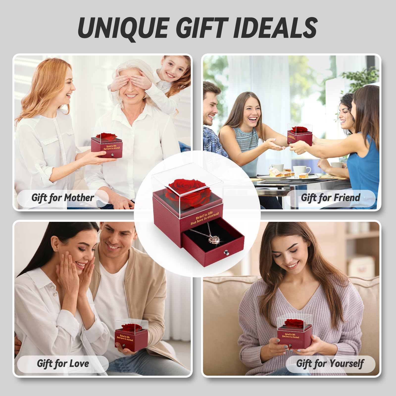 Preserved Real Rose Gift Box with I Love You Necklace, Handmade Eternal Rose Flower Gifts for Mum Mother Women Wife Girlfriend Her on Mothers Day, Birthday, Anniversary, Valentines Day, Christmas