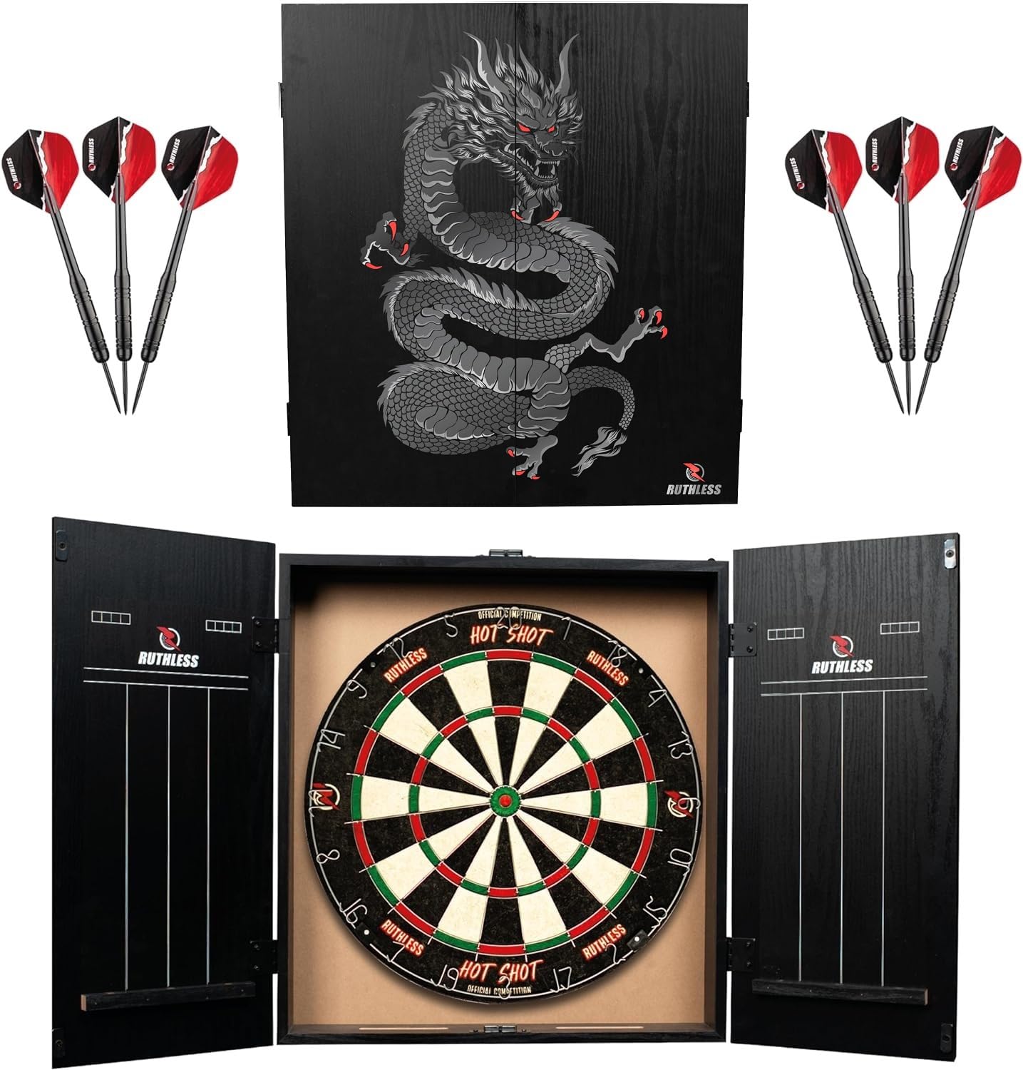 Ruthless Home Darts Centre With or Without LED Light Options | Home Dart Board Centre Including Cabinet, Dartboard and 2 Sets of Darts (USB)