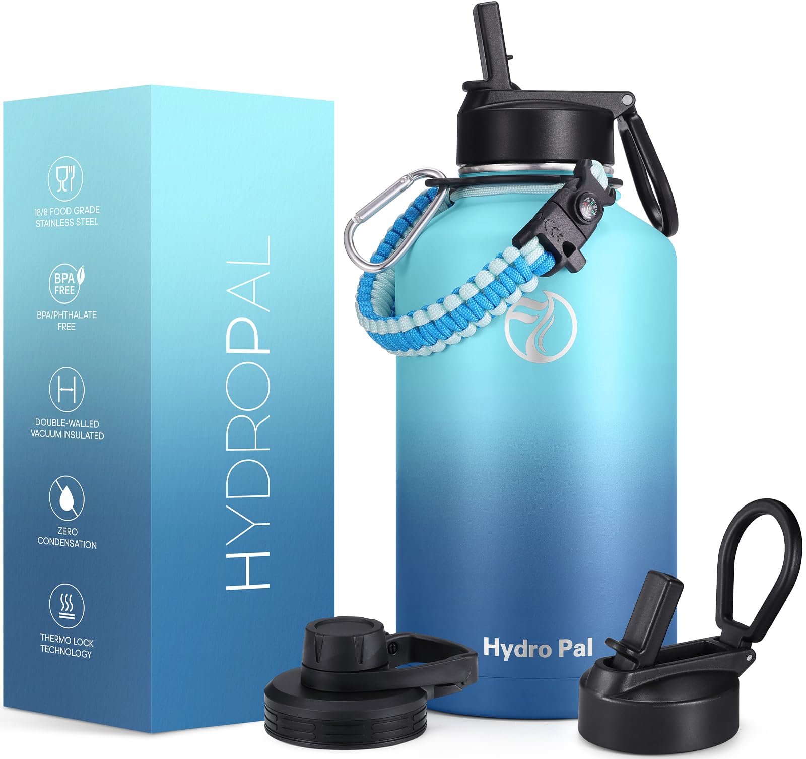 HydroPal Vacuum Insulated Water Bottle 1200ml/1000ml/750ml/500ml, 2 Lids (Straw & Spout), 12H Hot 24H Cold, BPA Free Stainless Steel Bottle, Leakproof Sports Water Bottle for Gym, Travel, Work