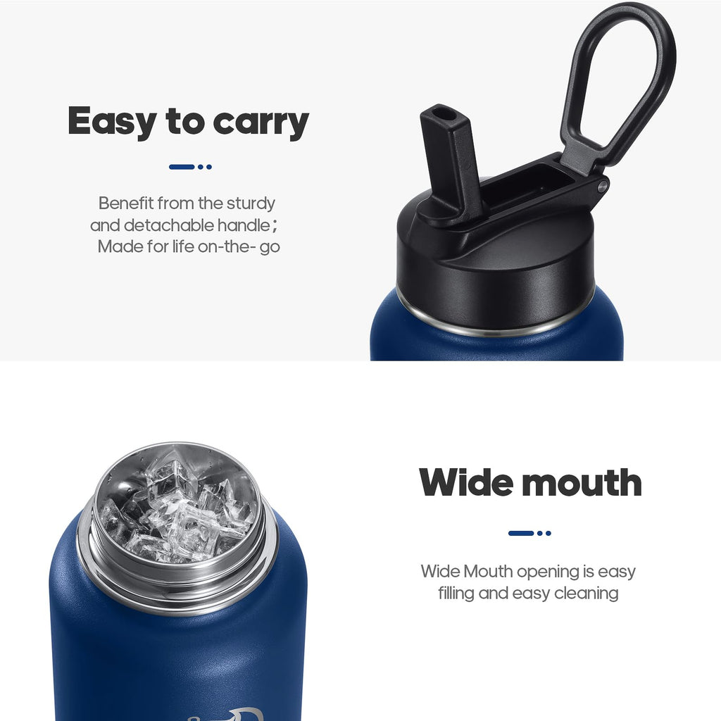 HydroPal Vacuum Insulated Water Bottle 1200ml/1000ml/750ml/500ml, 2 Lids (Straw & Spout), 12H Hot 24H Cold, BPA Free Stainless Steel Bottle, Leakproof Sports Water Bottle for Gym, Travel, Work