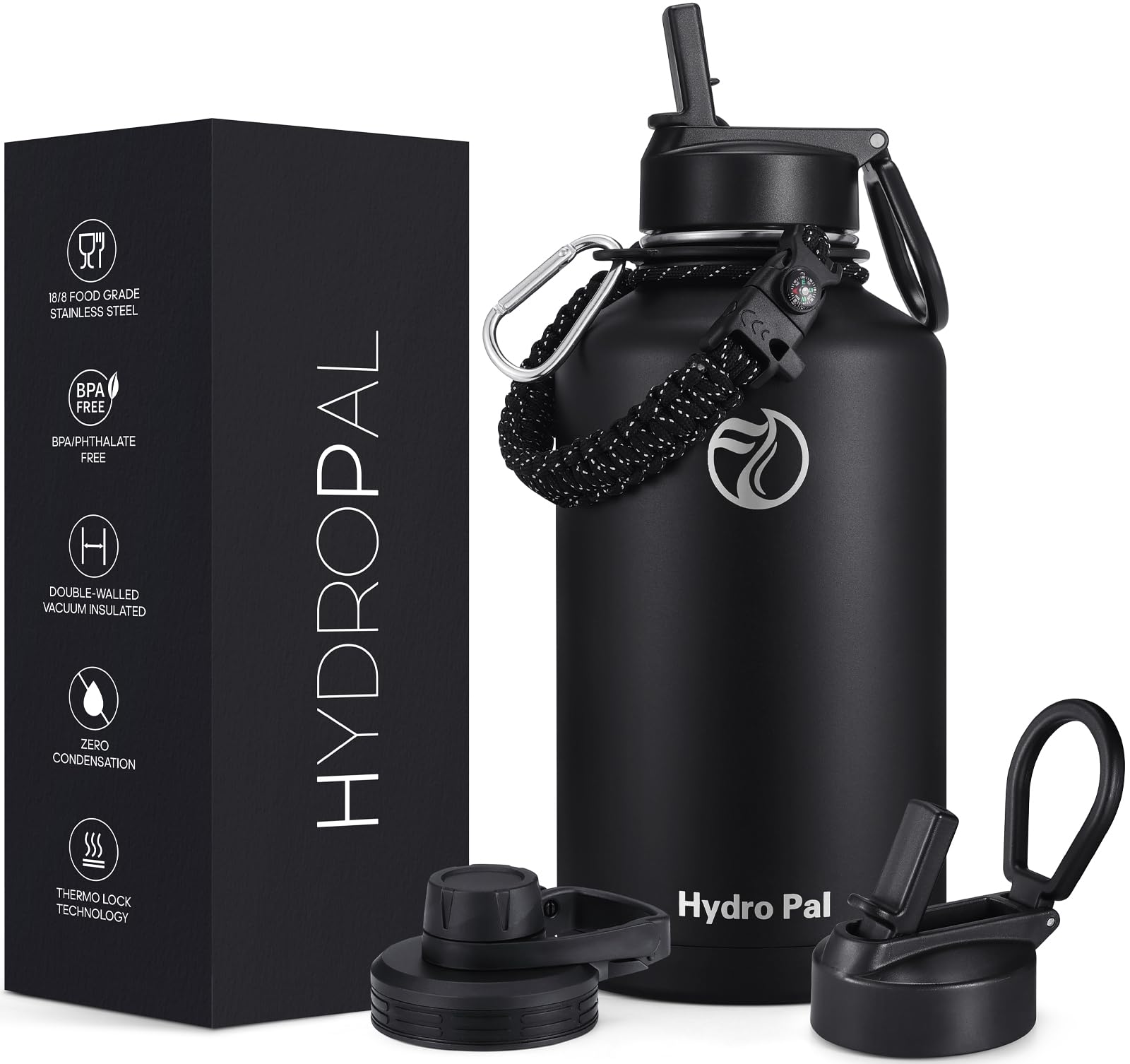 HydroPal Vacuum Insulated Water Bottle 1200ml/1000ml/750ml/500ml, 2 Lids (Straw & Spout), 12H Hot 24H Cold, BPA Free Stainless Steel Bottle, Leakproof Sports Water Bottle for Gym, Travel, Work
