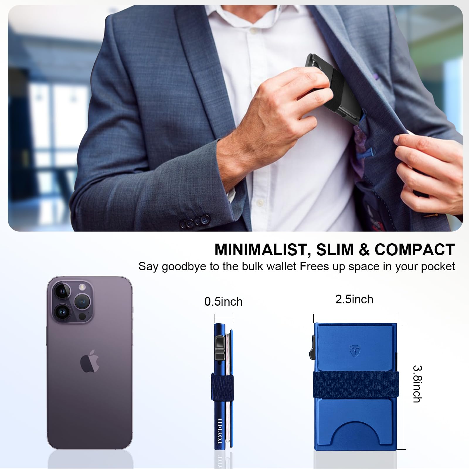 Smart Wallet for Men 12 Cards Paper Money Organiser RFID Blocking Card Wallet Utral Thin Metal Card Holder with Slid Ejector Button Quick Access to Bank Credit Card,Aluminium, Blue