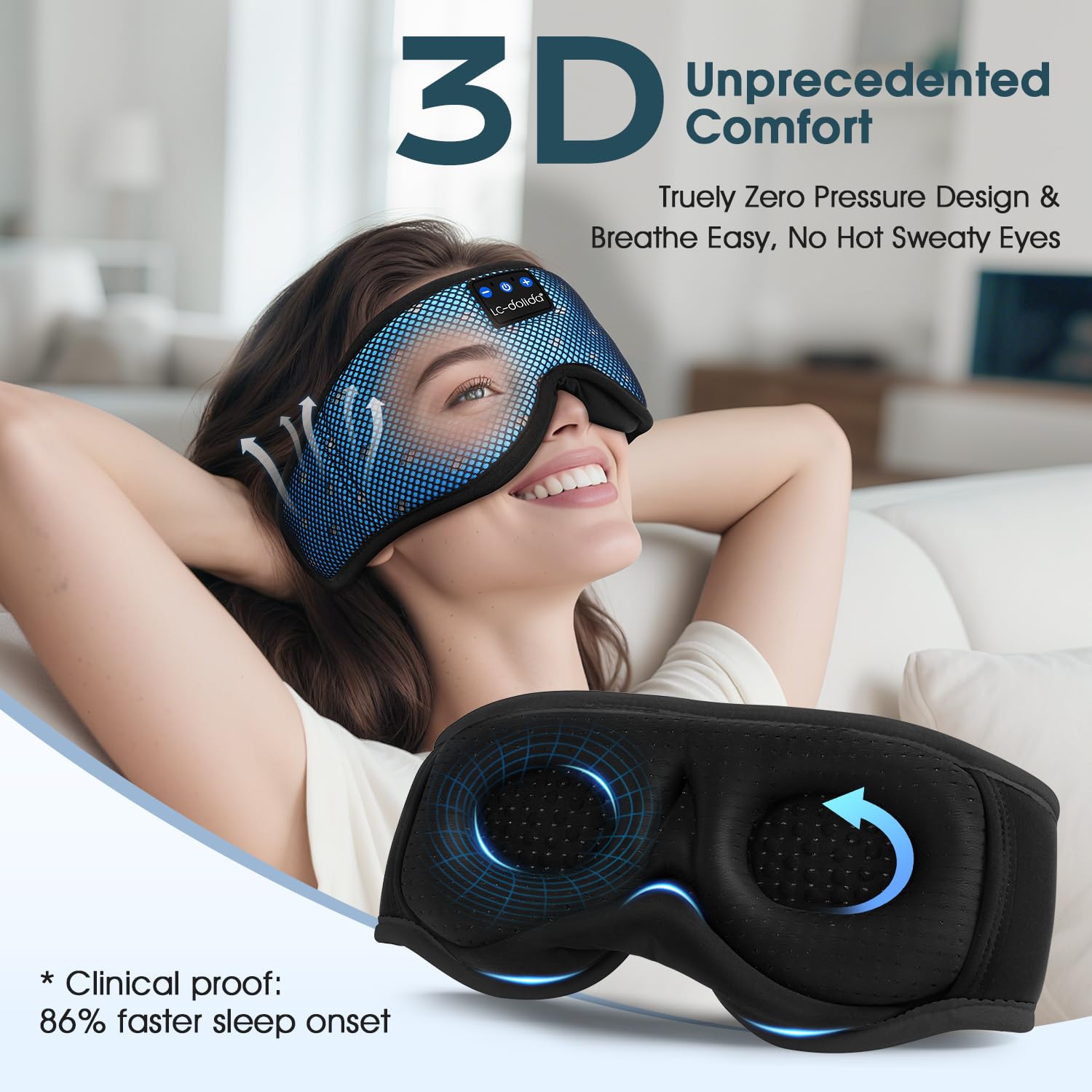 LC-dolida Bluetooth Sleep Mask Headphones Complete Blackout 3D Deep Eye Mask with Headphones Bluetooth V5.4 Can Play 15Hrs Breathable Eye mask with Earphones for Travel,Nap Sleeping,Shift Work