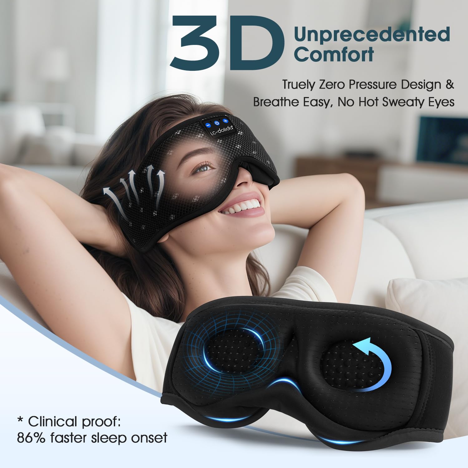 LC-dolida Bluetooth Sleep Mask Headphones Complete Blackout 3D Deep Eye Mask with Headphones Bluetooth V5.4 Can Play 15Hrs Breathable Eye mask with Earphones for Travel,Nap Sleeping,Shift Work