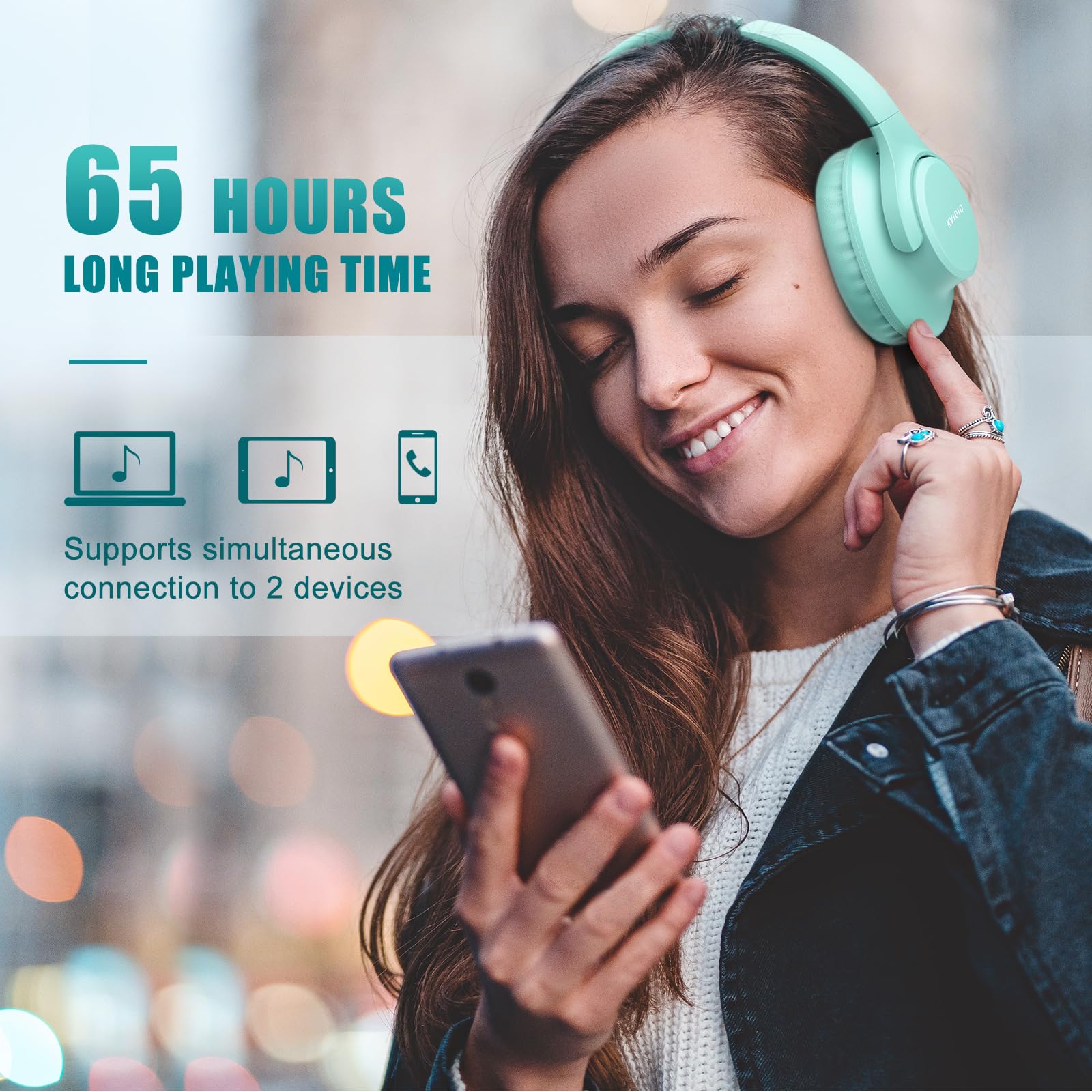 KVIDIO Bluetooth Headphones Over Ear, 55 Hours Playtime Wireless Headphones with Microphone, Foldable Lightweight Headset with Deep Bass,HiFi Stereo Sound for Travel Work PC Cellphone (Black)