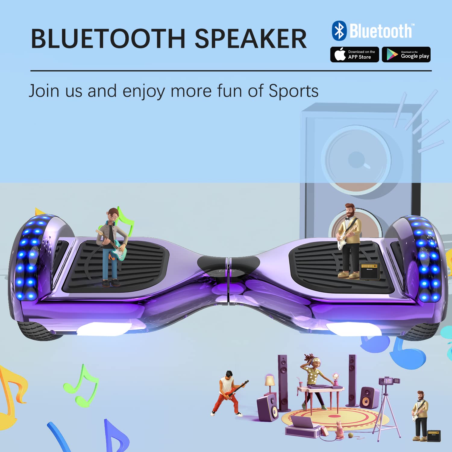 RCB Hoverboards for Kids and Adults 6.5 inch, Hoverboards with Bluetooth - Speaker - Colorful LED Lights, Hover Board Gift for Kids and Teenager