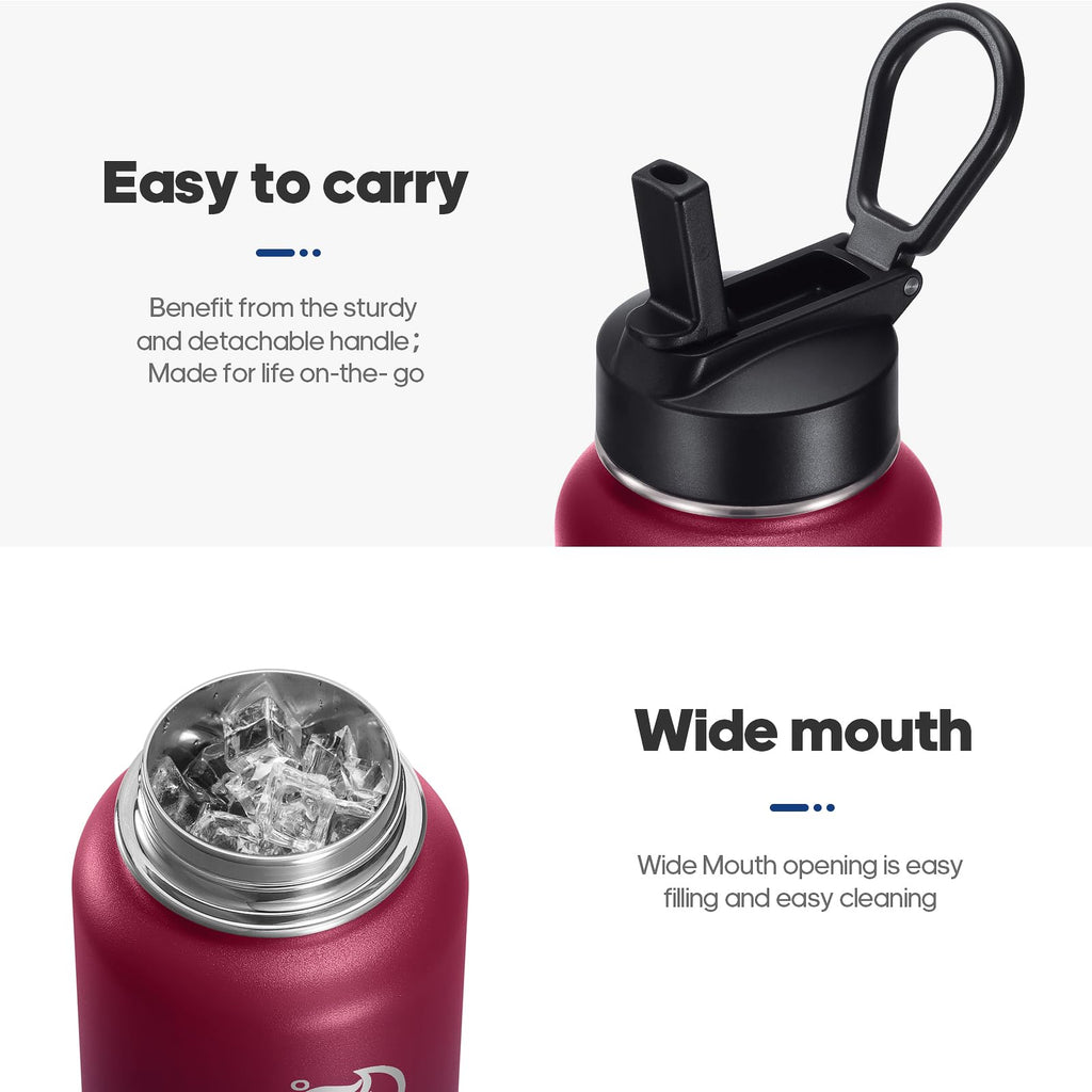 HydroPal Vacuum Insulated Water Bottle 1200ml/1000ml/750ml/500ml, 2 Lids (Straw & Spout), 12H Hot 24H Cold, BPA Free Stainless Steel Bottle, Leakproof Sports Water Bottle for Gym, Travel, Work