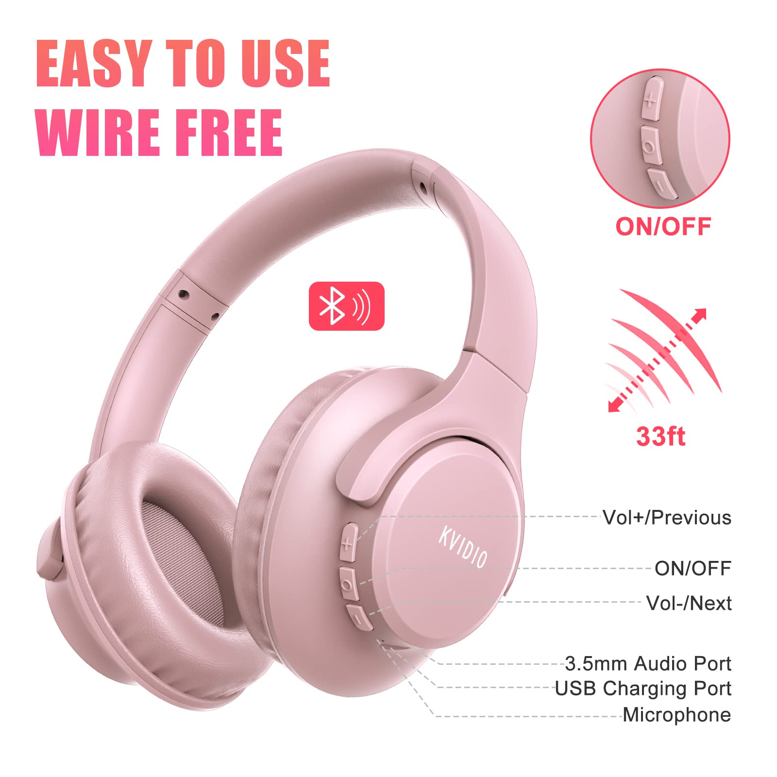 KVIDIO Bluetooth Headphones Over Ear, 55 Hours Playtime Wireless Headphones with Microphone, Foldable Lightweight Headset with Deep Bass,HiFi Stereo Sound for Travel Work PC Cellphone (Black)