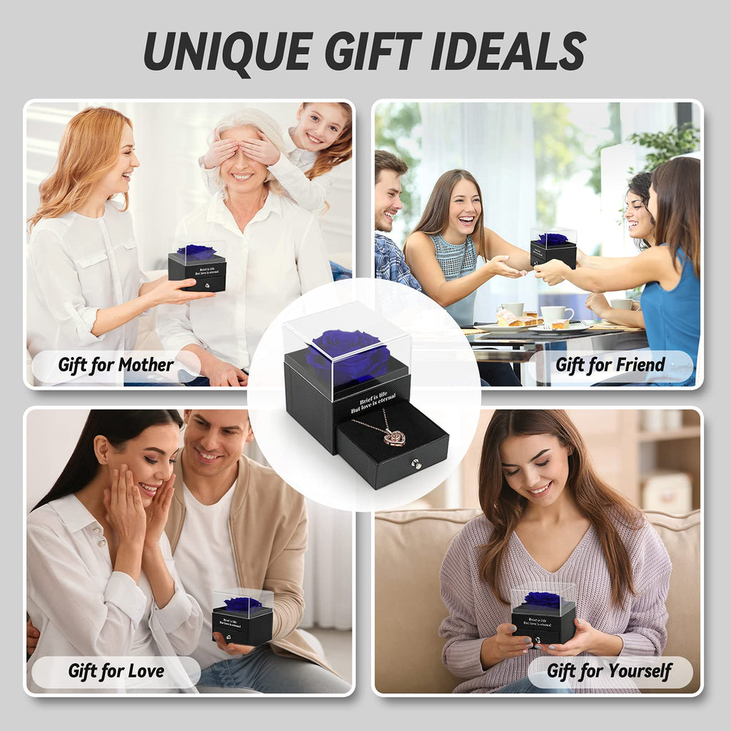 Preserved Real Rose Gift Box with I Love You Necklace, Handmade Eternal Rose Flower Gifts for Mum Mother Women Wife Girlfriend Her on Mothers Day, Birthday, Anniversary, Valentines Day, Christmas