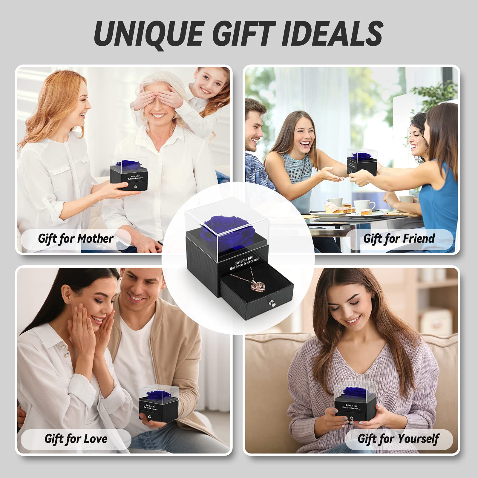 Preserved Real Rose Gift Box with I Love You Necklace, Handmade Eternal Rose Flower Gifts for Mum Mother Women Wife Girlfriend Her on Mothers Day, Birthday, Anniversary, Valentines Day, Christmas