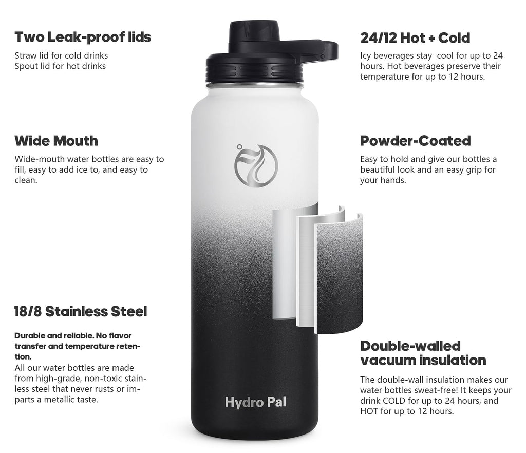 HydroPal Vacuum Insulated Water Bottle 1200ml/1000ml/750ml/500ml, 2 Lids (Straw & Spout), 12H Hot 24H Cold, BPA Free Stainless Steel Bottle, Leakproof Sports Water Bottle for Gym, Travel, Work
