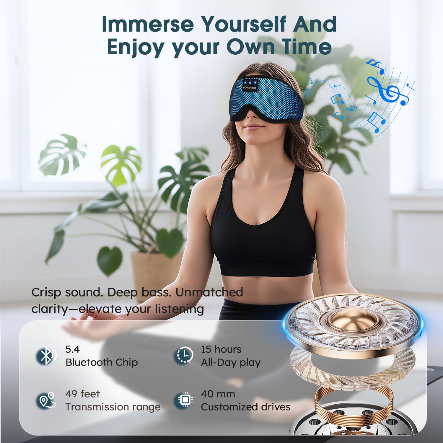 LC-dolida Bluetooth Sleep Mask Headphones Complete Blackout 3D Deep Eye Mask with Headphones Bluetooth V5.4 Can Play 15Hrs Breathable Eye mask with Earphones for Travel,Nap Sleeping,Shift Work